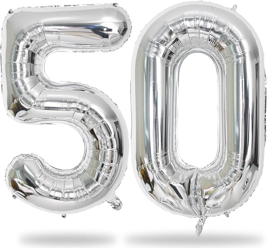 Silver 50 Balloons Number, 40 Inch Helium Foil Number 5 & 0 Balloons for 50th Birthday Decorations, Large Self Inflating Mylar 50 Balloon for Women Men Birthday Party Anniversary Decor Supplies
