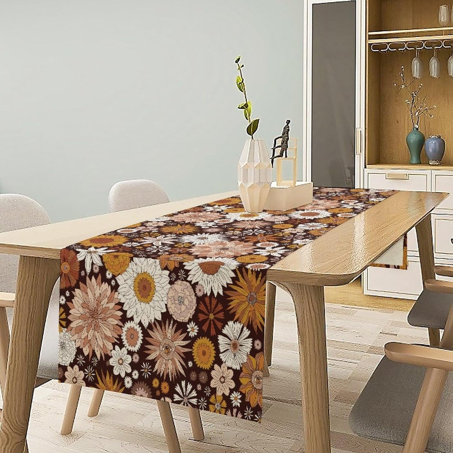 Boho Floral Table Runner, Vintage Country Farmhouse Daisy Flowers Modern Kitchen Dining Room Decoration for Indoor and Outdoor Wedding Party Banquet Table Runner 13x120 Inch