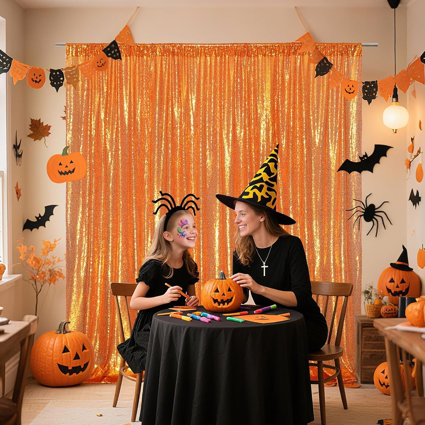 Poise3EHome 6FT x 8FT Orange Sequin Photography Backdrop Curtain for Halloween Party Decoration