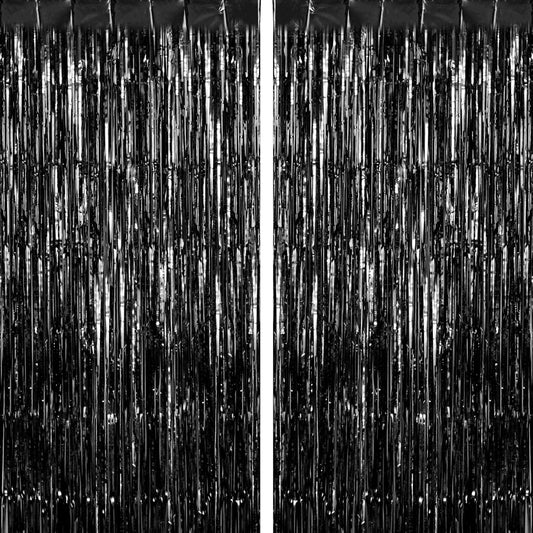 2 Pack Black Fringe Curtains Foil Shiny Fringe Backdrop Tinsel Door Streamers Foil Curtains for Birthday Wedding Engagement Bridal Shower Celebration Party Decorations Large