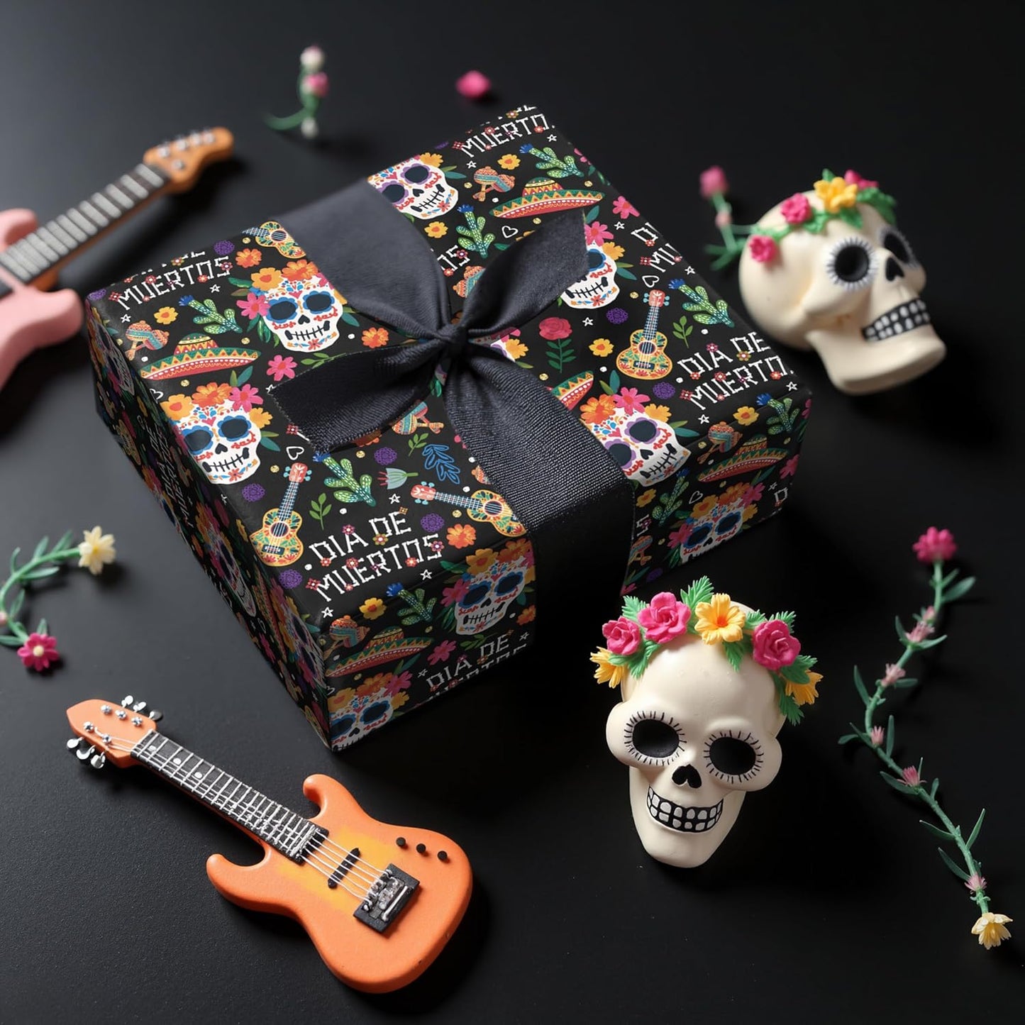 LeZakaa Day of the Dead Wrapping Paper Roll, Colorful Sugar Skulls Maracas Flowers Sombreros Design, Día de Muertos Gift Wrap in Black, Mini Roll 17 in x 16.4 Ft