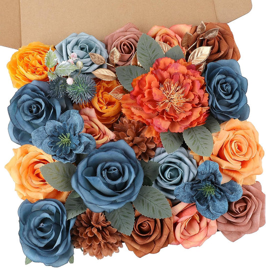 AmyHomie Teal Orange Artificial Flowers Combo Silk Mix Peony Rose Fake Flowers w/Stem for DIY Wedding Bouquets Centerpieces Arrangements Table Fall Decor Party Bridal Baby Shower Home Decorations