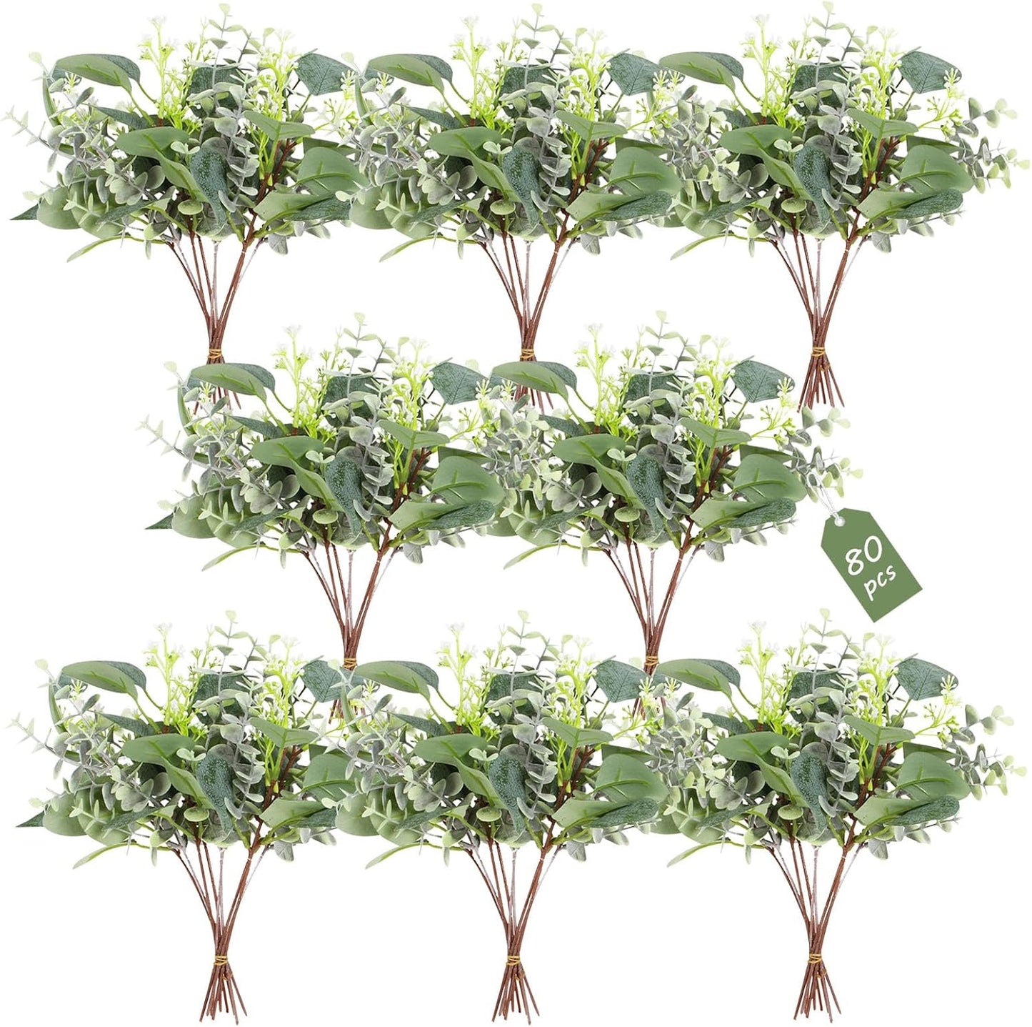 80 Pcs Mixed Eucalyptus Leaves Stems Bulk Artificial Silver Dollar Leaves for Vase Bouquets Baby Eucalyptus Leaves for Family Wedding Center Flower Arrangement
