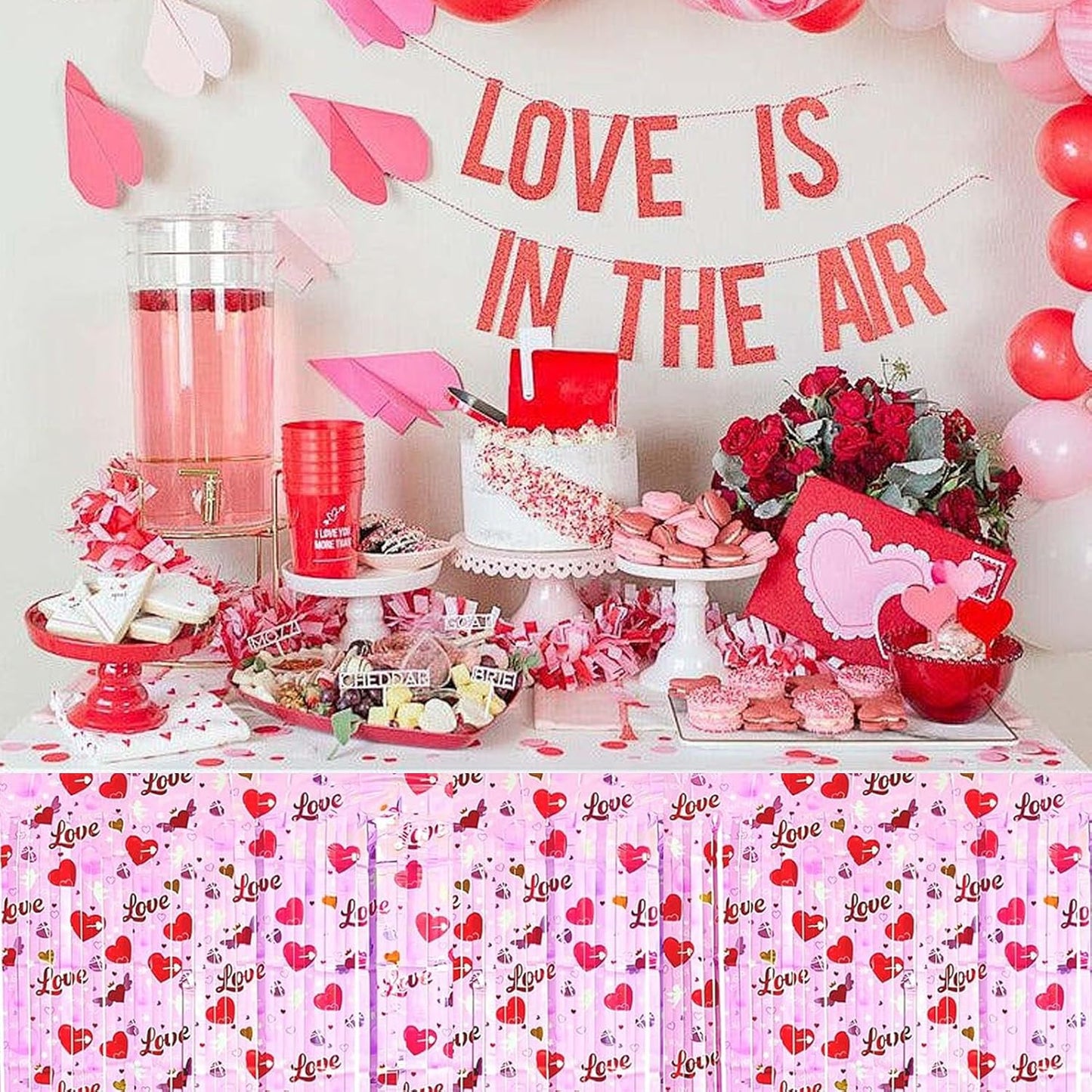 6 Pack 29 x108 Inch Love Pink Wave Foil Fringe Table Skirts Metallic Banner for Tinsel Streamer Garland Backdrop for Parade Floats, Mother's Day, Easter, Wedding, Birthday Party Decoration