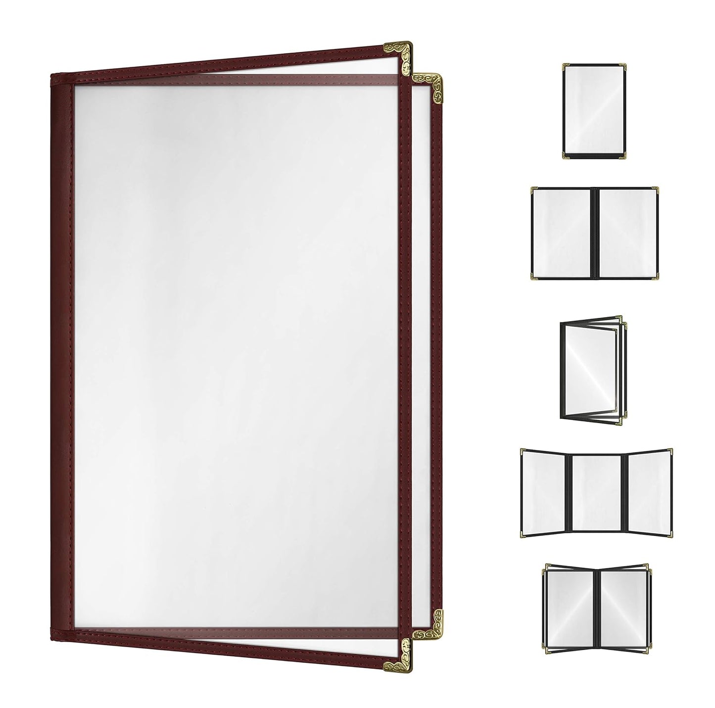 Goodsmart Restaurant Menu Covers – 25 Pack Burgundy 4-View 8.5" x 14", Side-Loading Vinyl & Plastic Menu Holders, Clear Menu Sleeves, Leather-Style Café Covers with Gold Corners