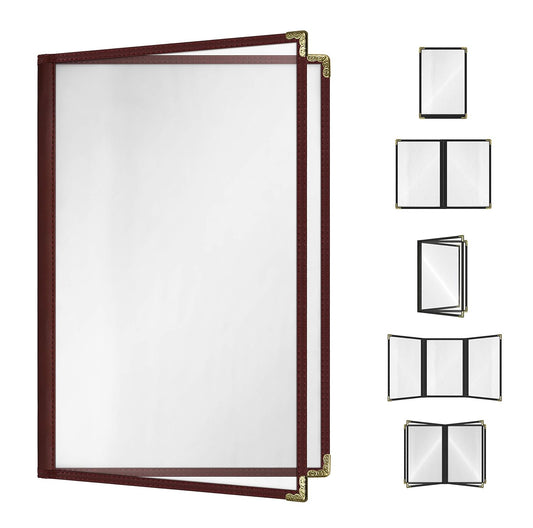 Goodsmart Restaurant Menu Covers – 25 Pack Burgundy 4-View 8.5" x 14", Side-Loading Vinyl & Plastic Menu Holders, Clear Menu Sleeves, Leather-Style Café Covers with Gold Corners
