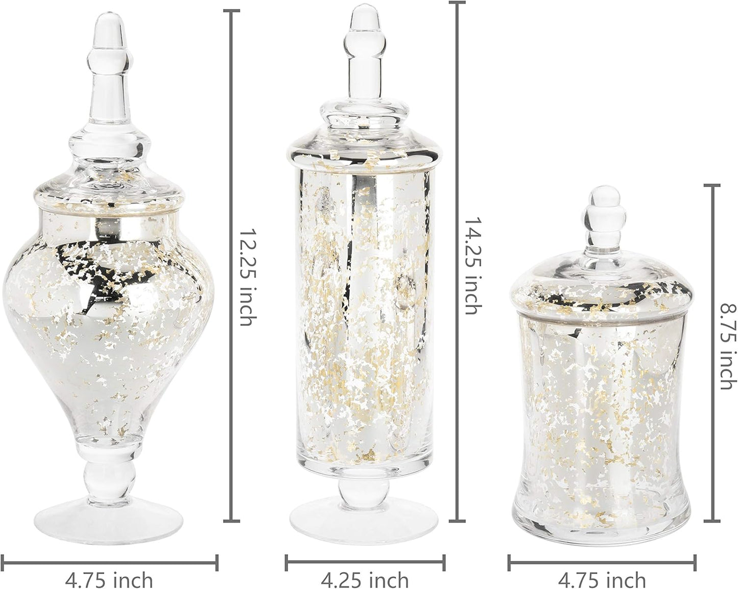 MyGift Set of 3 Silver Mercury Glass Apothecary Jars, Weddings Centerpiece Candy Buffet