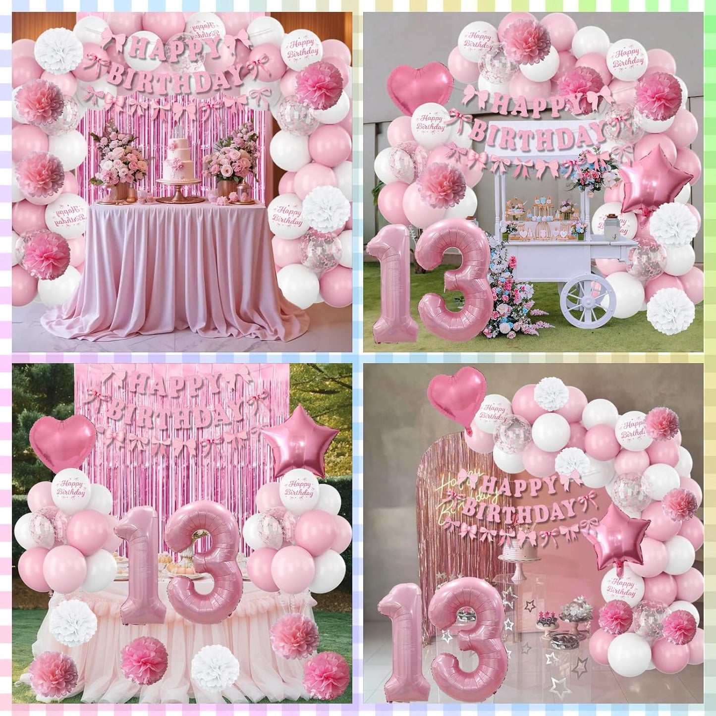 13th Birthday Decorations for Girls Pink Number 13 Balloon Bow Coquette Happy Birthday Banner Fringe Curtain Paper Pom Poms Star Heart Foil Pink White Balloons 13 Year Old Party Decor