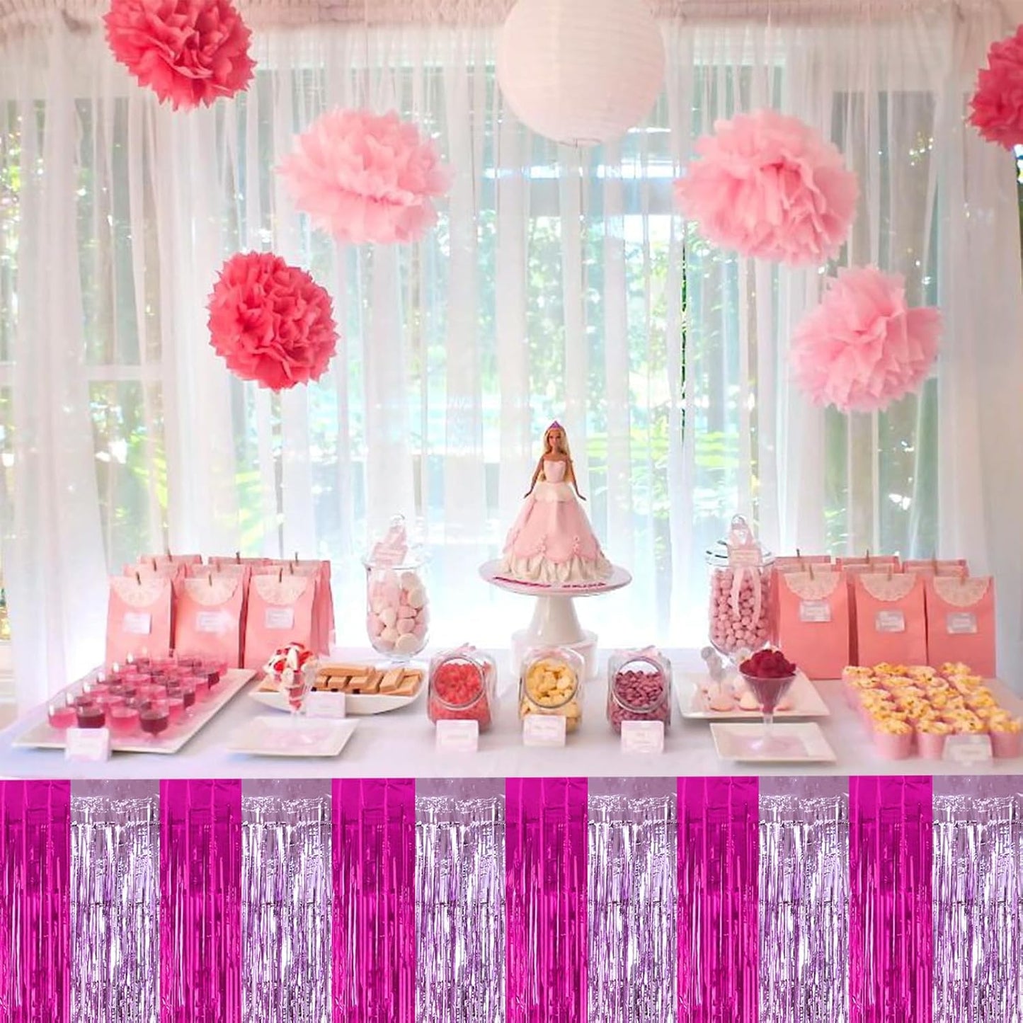 BEISHIDA 2 Pack Hot Pink Pink Table Skirts Party Decorations Purple Metallic Tinsel Foil Fringe Rectangle Round Table Skirts for Girls Birthday Holiday Valentines Party Supplies