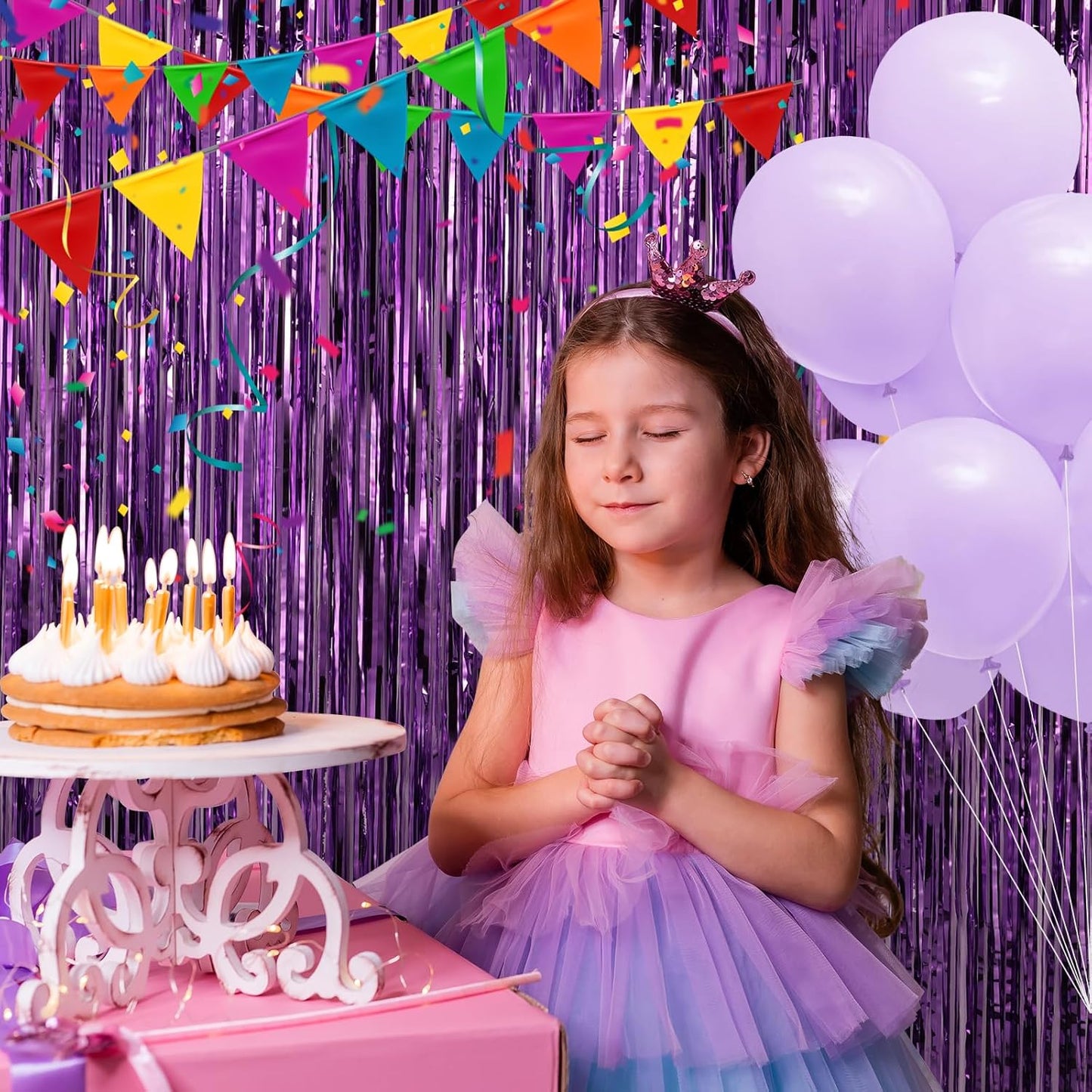 Crosize 3 Pack 3.3 x 9.9 ft Purple Foil Fringe Backdrop Curtain, Streamer Backdrop Curtains, Streamers Birthday Party Decorations, Tinsel Curtain for Parties, Galentines Decor