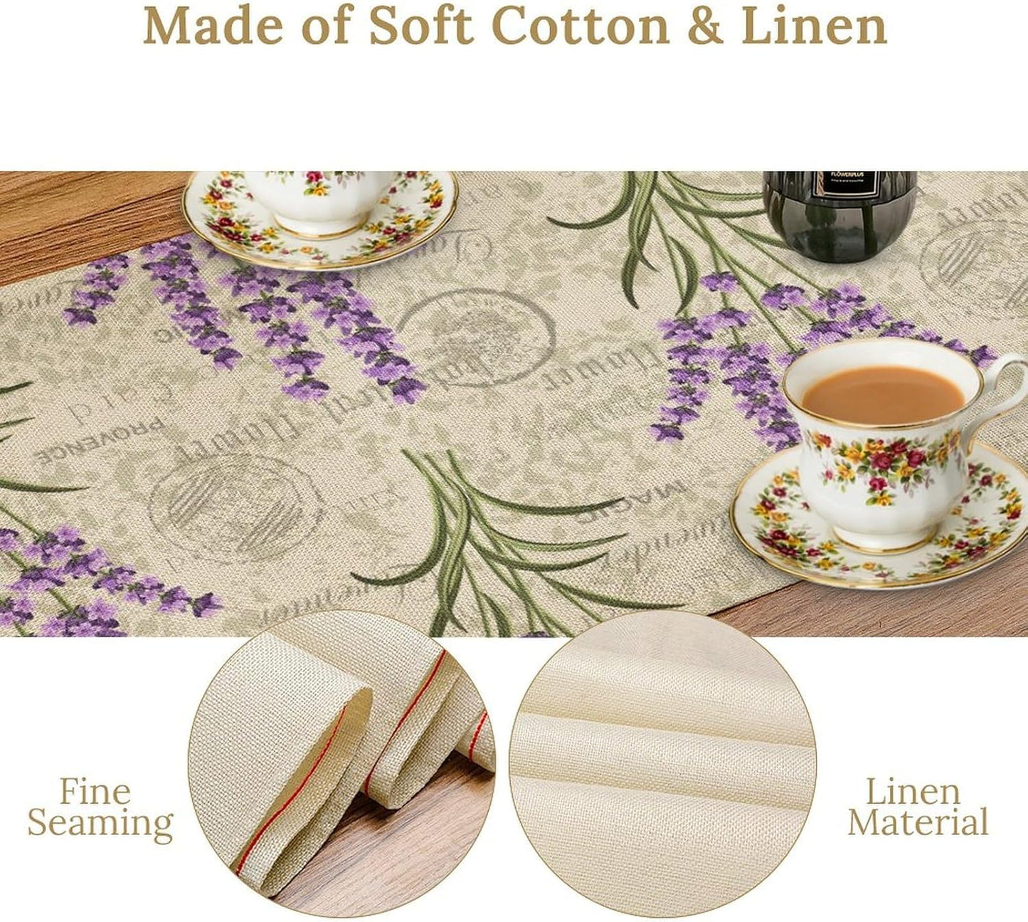 Floral Lavender Table Runner,Vintage Rustic Country Romantic Purple Flower Pattern Print Burlap for Hotel Indoors Outdoor Dining Room Kitchen Home Decor, 13x36in