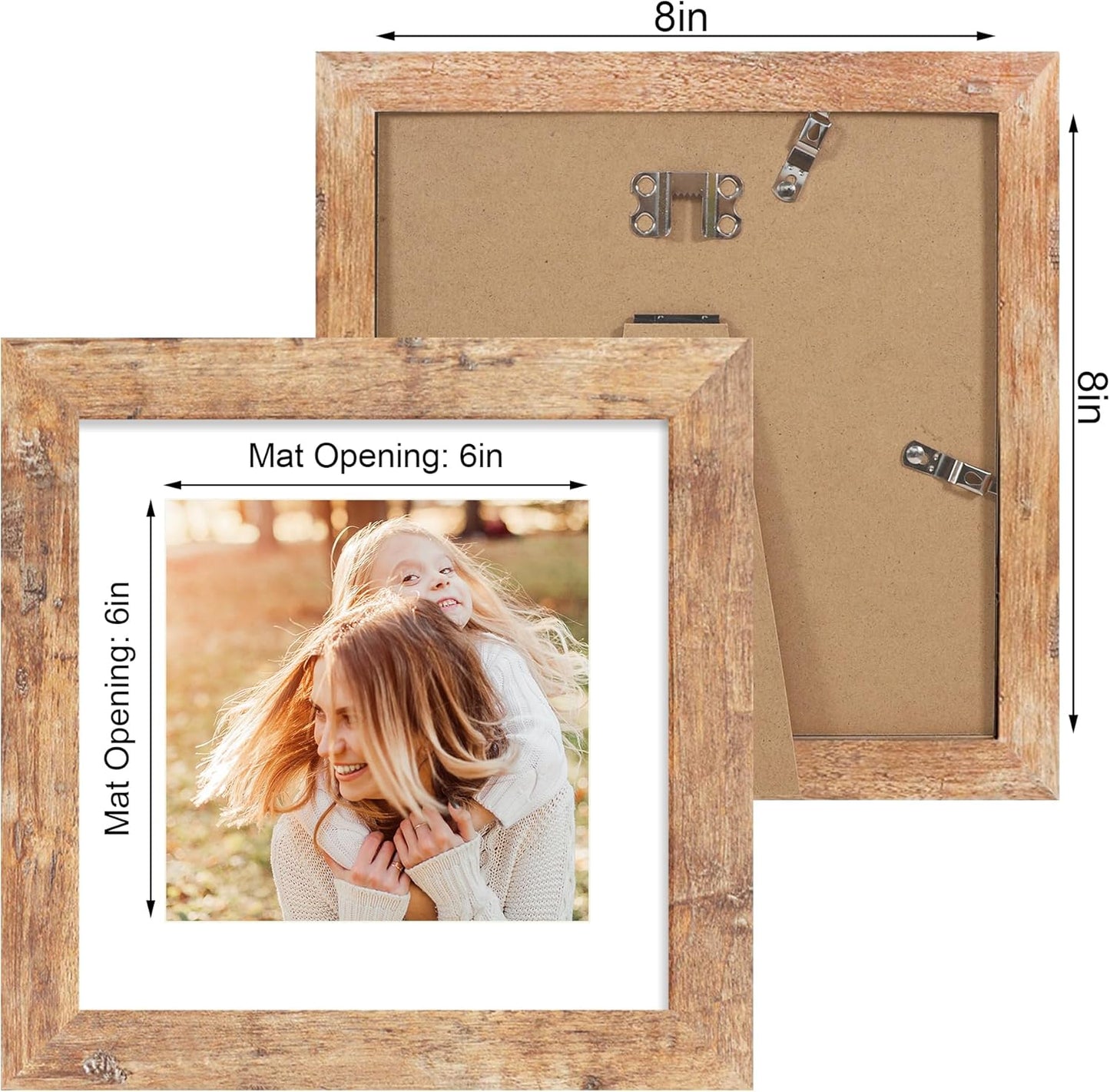 8x8 Picture Frame Set of 4 with HD Glass, Display 6x6 Pictures with Mat or 8 x 8 Without Mat, Square Wood Photo Frame for Wall Mount and Tabletop Display