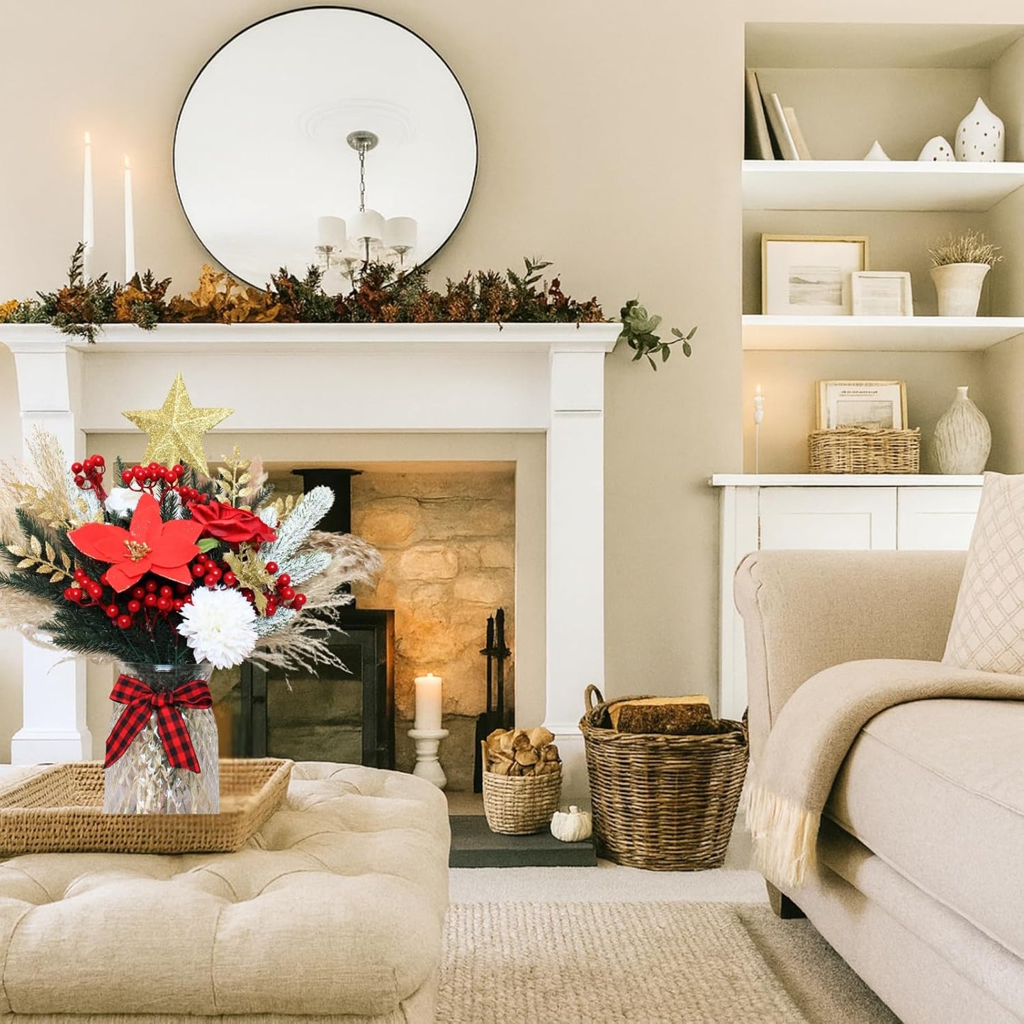 Christmas Centerpieces for Tables, Holiday Table Decor, 100pcs Christmas Floral Arrangements in Vase, Xmas Decorations for Coffee Kitchen Dining Table, Artificial Poinsettia Red Berry Pine Branches