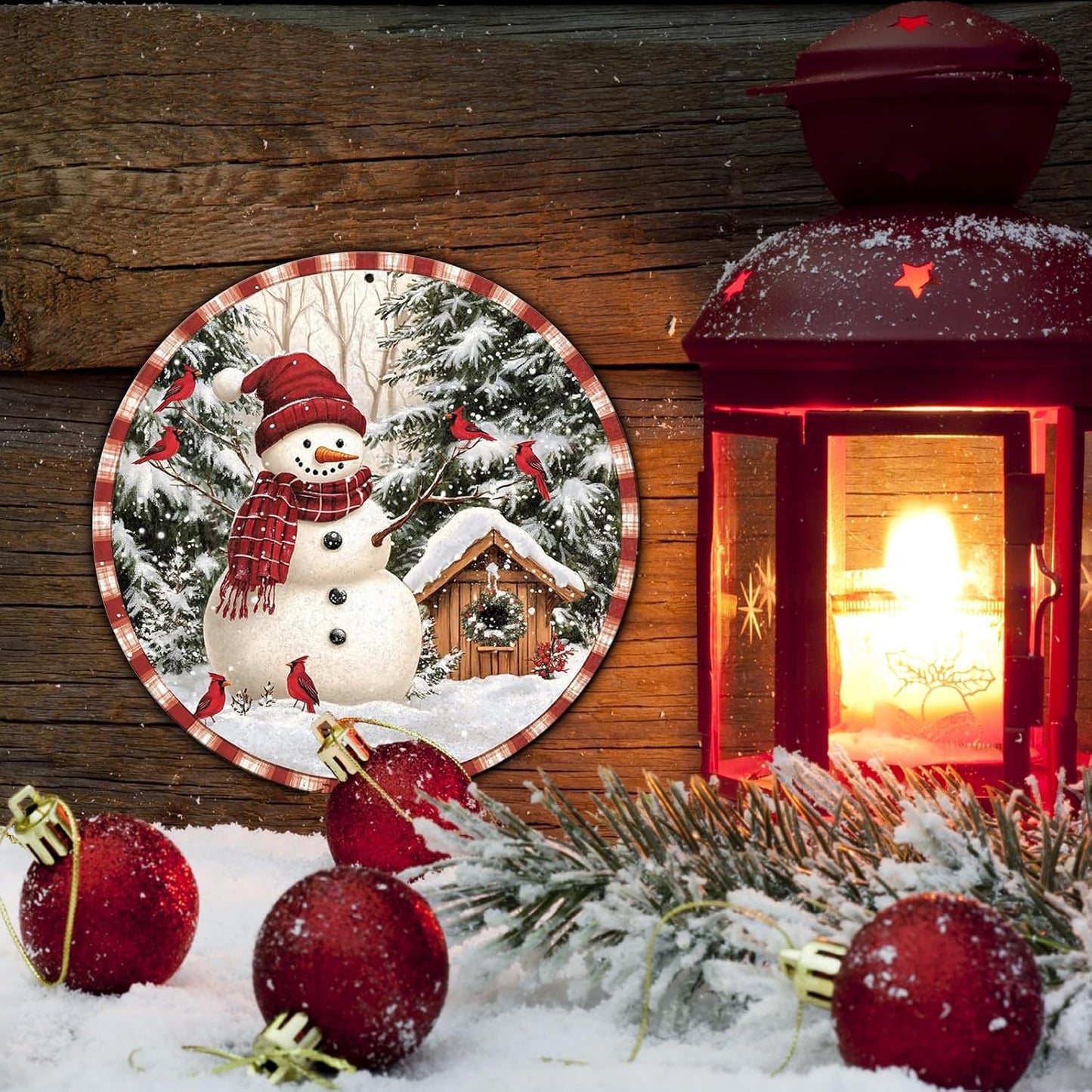 Round Christmas Metal Signs Vintage Snowman and Red Birds Tin Sign Metal Poster Christmas Snowman Sign for Bedroom Farmhouse Garage Wall Decor 8 * 8 in