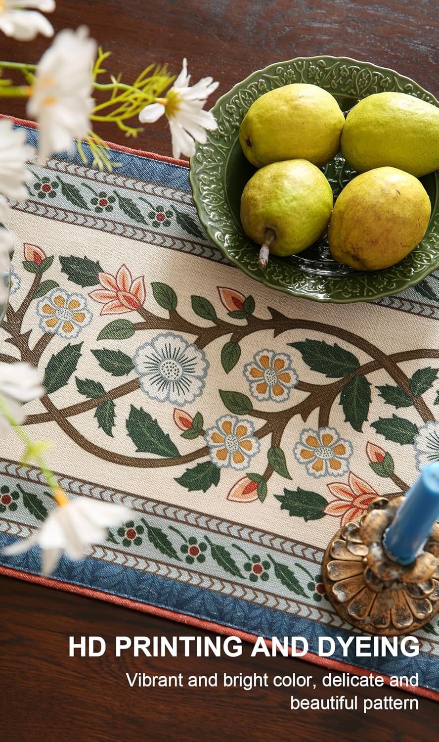 ISAENNE Designer Vintage Elegant Linen Extra Long Table Runner 118 Inches,Colorful Flower Pattern Soft Table Runners for Dining Tables,Thanksgiving,Kitchen Tables,Christmas,12"*118"-Naples C