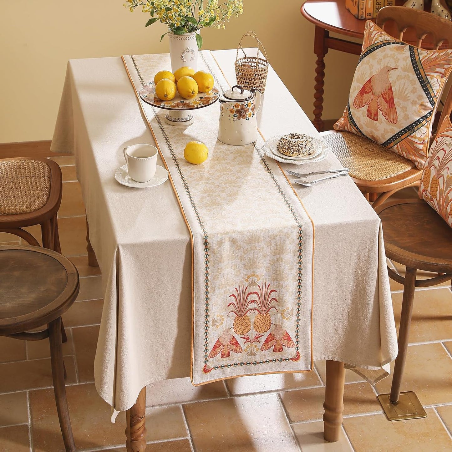 patdrea Designer Tropical Linen Table Runner 87 Inch Long, Yellow Vintage Elegant with Pineapple Pattern Table Mat,Decoration for Kitchen Dining Coffee Table Cover Banquet Christmas , 12"*87"