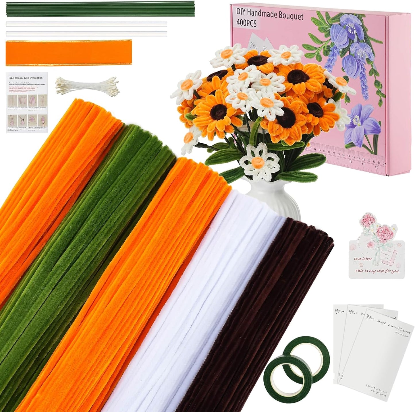 400 Pieces Craft Pipe Cleaners Bulk,Floral Stems for Pipe Cleaner Flowers with Floral Wires, Gardening Tape,Hot Glue Stick,Greeting Card,Bouquet Paper, Stamen & Ribbon,Festival Gifts for Kid,Adult