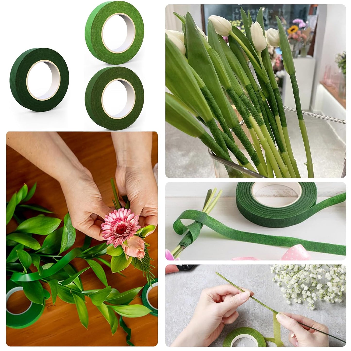 GLAMFIELDS Floral Tape and Floral Wire,Floral Arrangement Kit with Green Flower Tape for Bouquets,Boutonniere pin,White Ribbon, Wire Cutter for Bridal Bouquet kit, Wreath Making Supplies