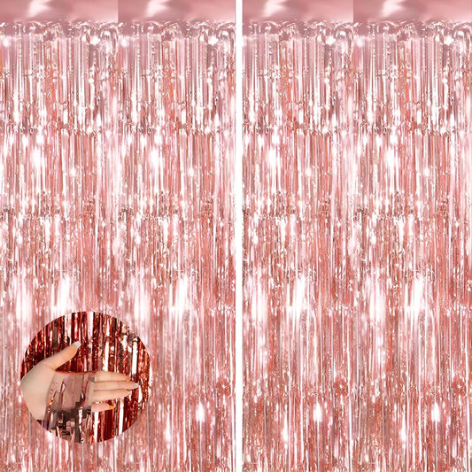Keyali 2 Pack 3.3 * 8.3 ft Foil Curtain Metallic Tinsel Fringe Curtains Photo Booth Props Backdrop for Birthday Wedding Engagement Baby Shower Christmas Holiday Celebration Partyl,Rose Gold