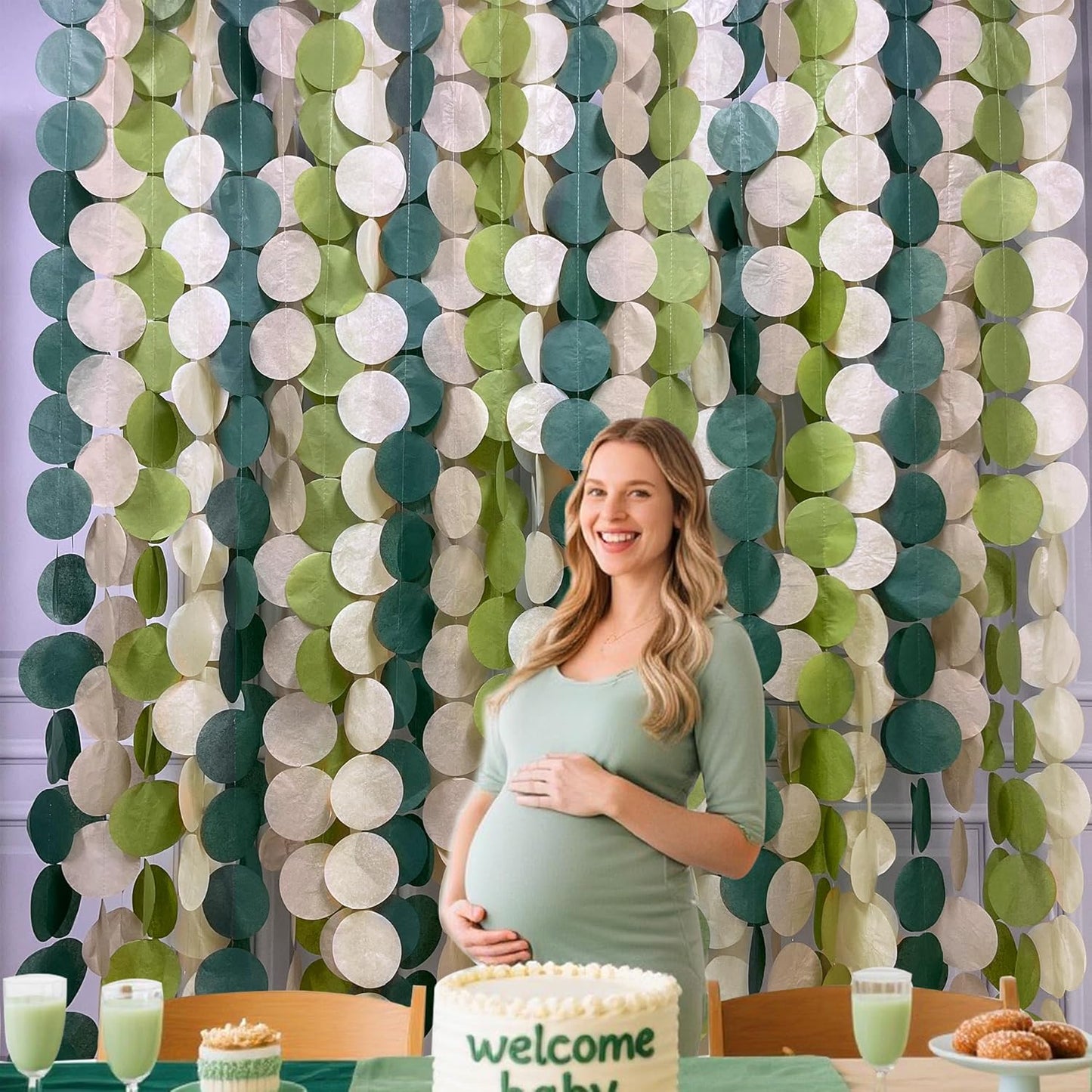 205 Ft Sage Green Party Decorations Oilve Green and Beige Circle Dot Backdrop Garland Tissue Paper Polka Dots Hanging Streamer for Baby Shower Birthday Wedding Engagement Bachelorette Party Supplies