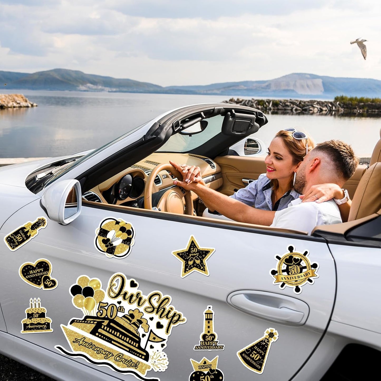 50th Anniversary Cruise Door Magnets Decorations, Gold Black Happy 50th Anniversary Cruise Ship Door Decor Magnetic for Married in 1975 Men Women Wedding Party Refrigerator Fridge Car Kitchen Garage