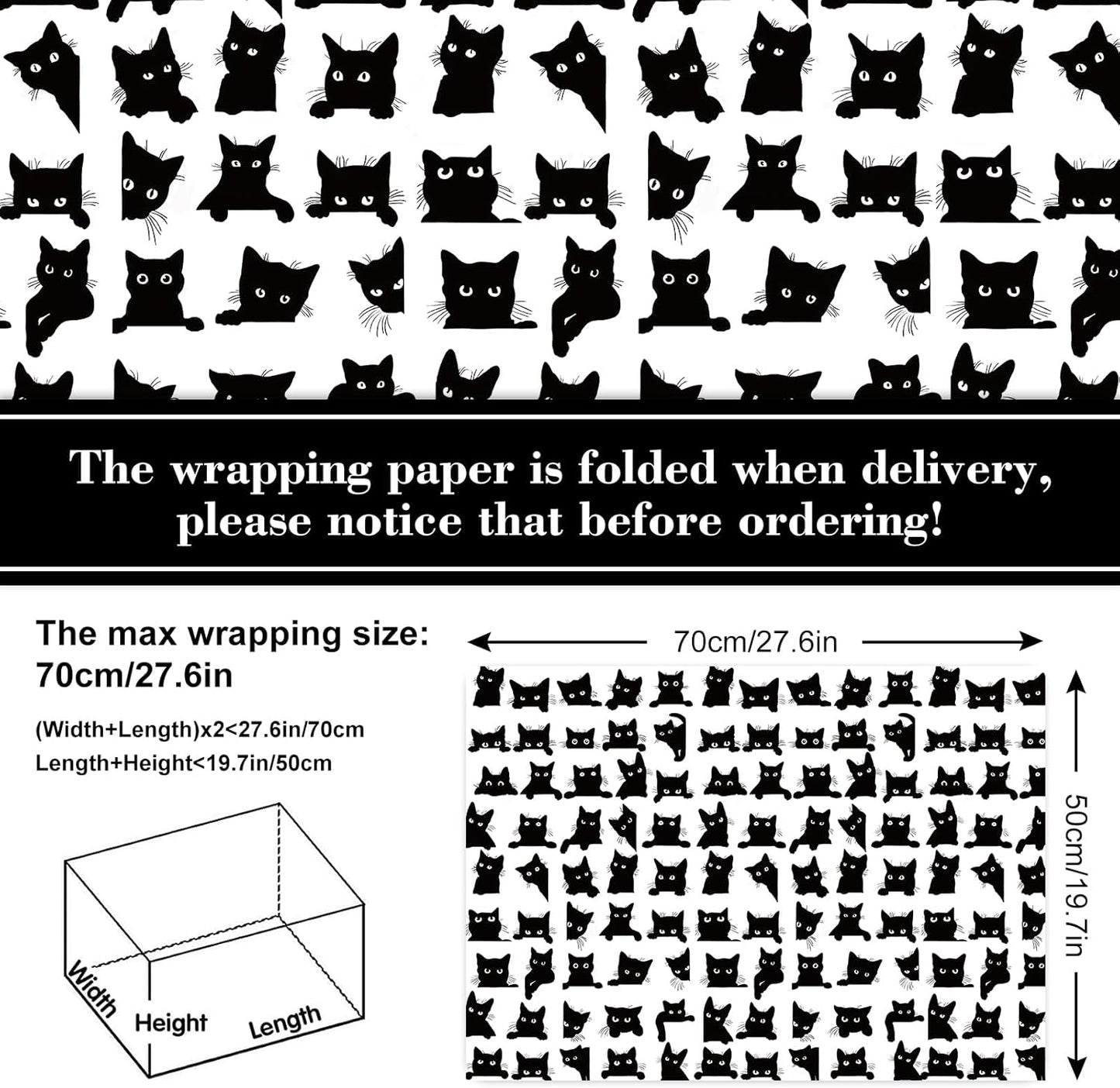 JarThenaAMCS 8 Sheets Cat Wrapping Paper - Not Roll - Cartoon Black Cat Gift Wrap Paper Folded Flat Decorative DIY Craft Art Paper for Halloween Birthday Holiday Party Supplies