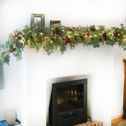 6.3FT Christmas 144 Branch Tips Cedar Garland with LED String Lights, Anna's Whimsy Seasonal Artificial Pine Cypress Garland, Holiday Indoor Outdoor Christmas Decor