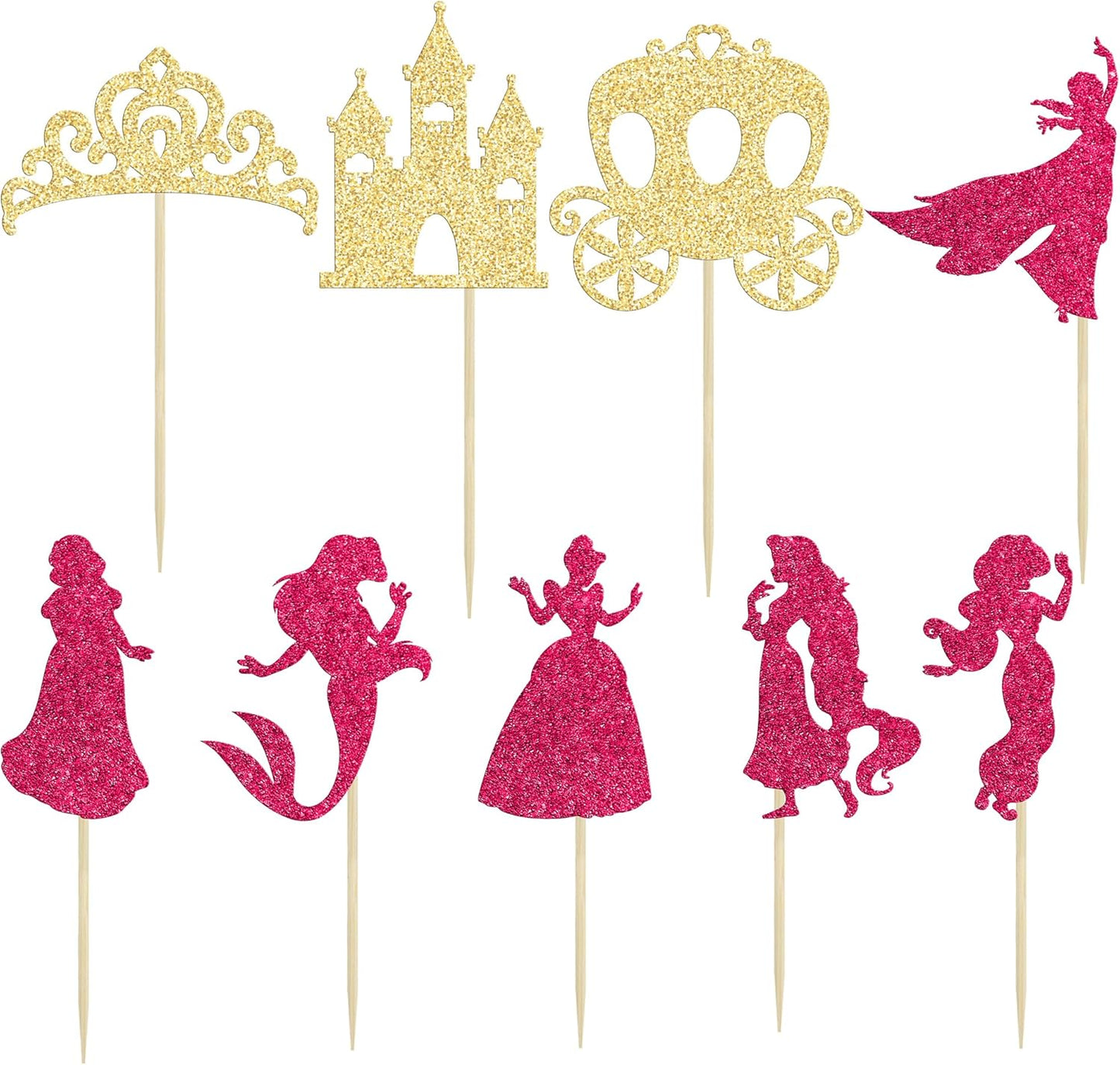 Gyufise 36Pcs Princess Cupcake Toppers Glitter Mermaid Girl Castle High Heel Crown Cupcake Picks Princess Theme Baby Shower Girls Birthday Party Cake Decorations Rose Red