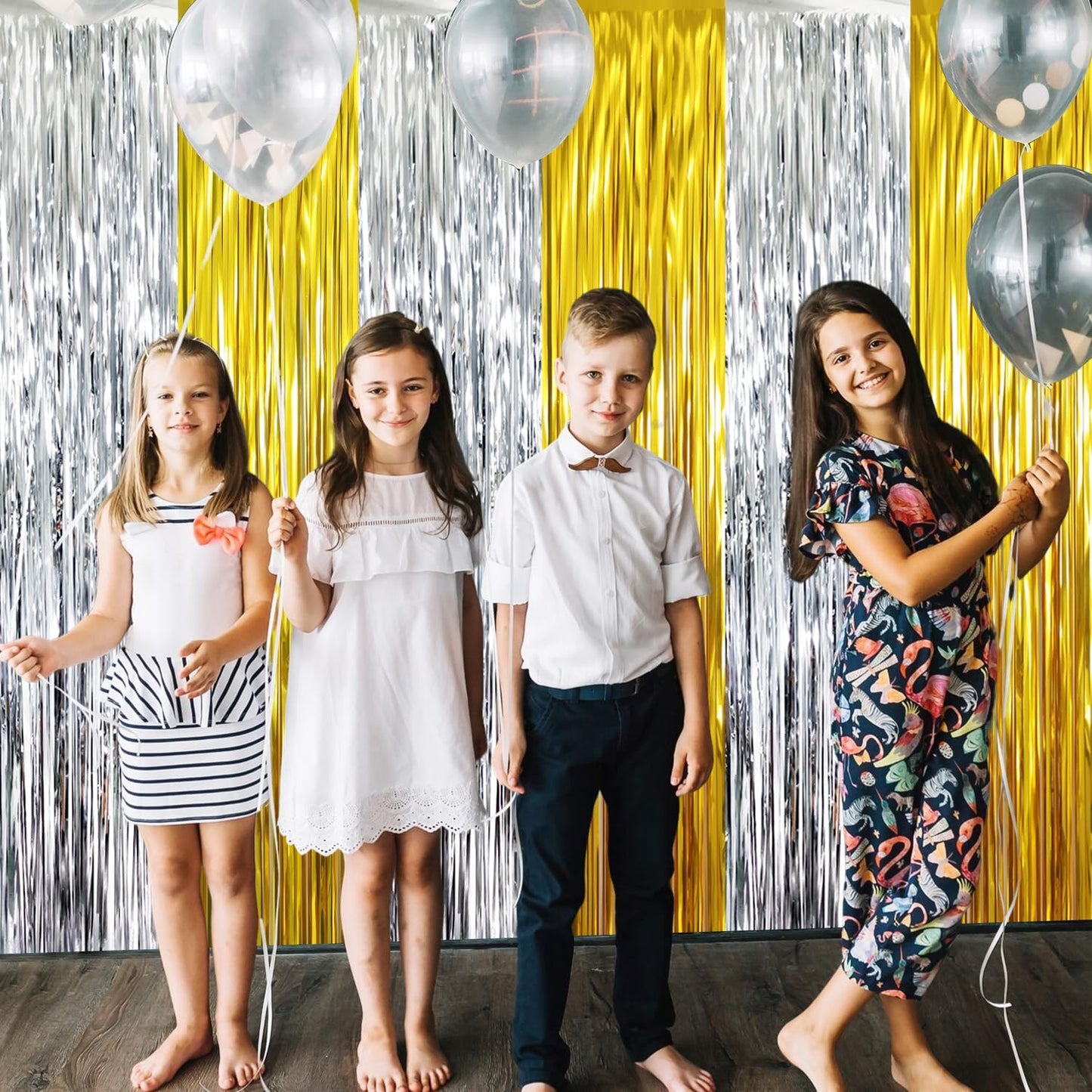 GOER 3.2 ft x 8.2 ft Metallic Tinsel Foil Fringe Curtains Party Backdrop Party Streamers for Birthday,Graduation,New Year Eve Decorations Wedding Decor (4 Pcs,Gold&Silver)