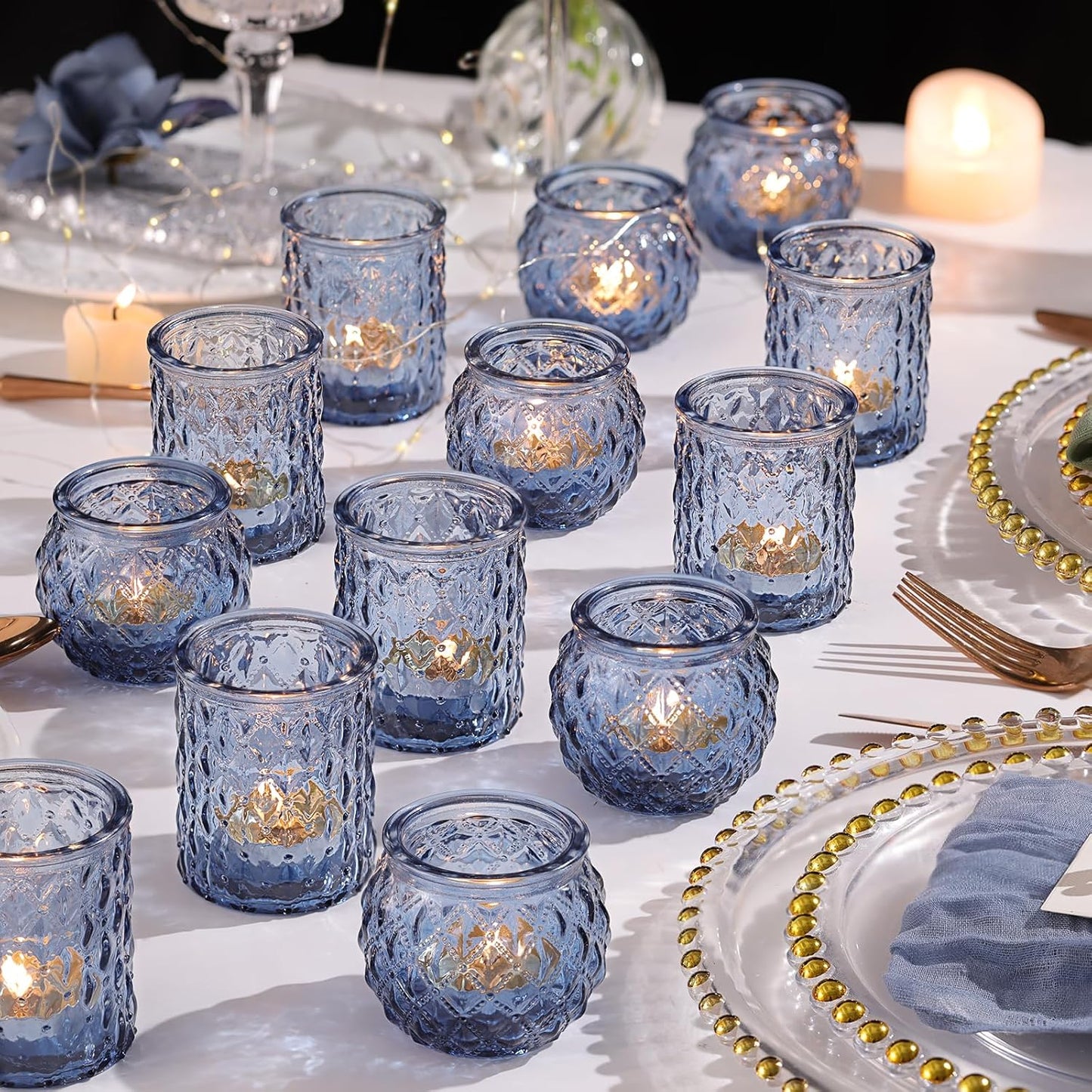 36pcs Assorted Blue Votive Candle Holders, Blue Candle Holders for Wedding Table Decor, Tea Lights Candle Holder for Table Centerpiece, Bridal Shower, Baby Shower Decorations