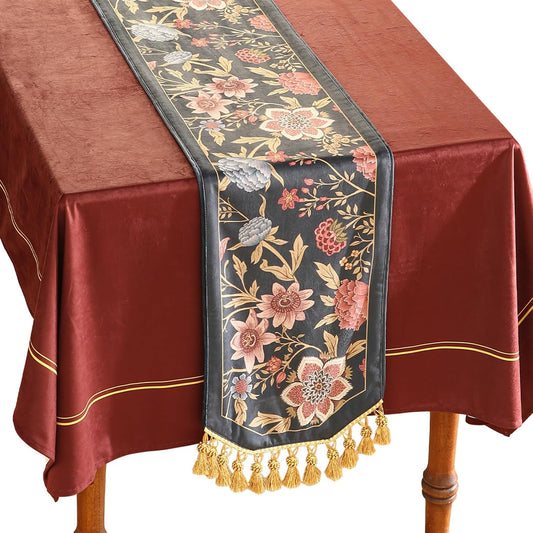 patdrea Designer Vintage Black Floral Velvet Table Runner 71 Inch Long, Pink Khaki Bouquets Pattern Table Mat, Decoration for Kitchen Dining Coffee Table Cabinet Banquet Thanksgiving,12"*71"