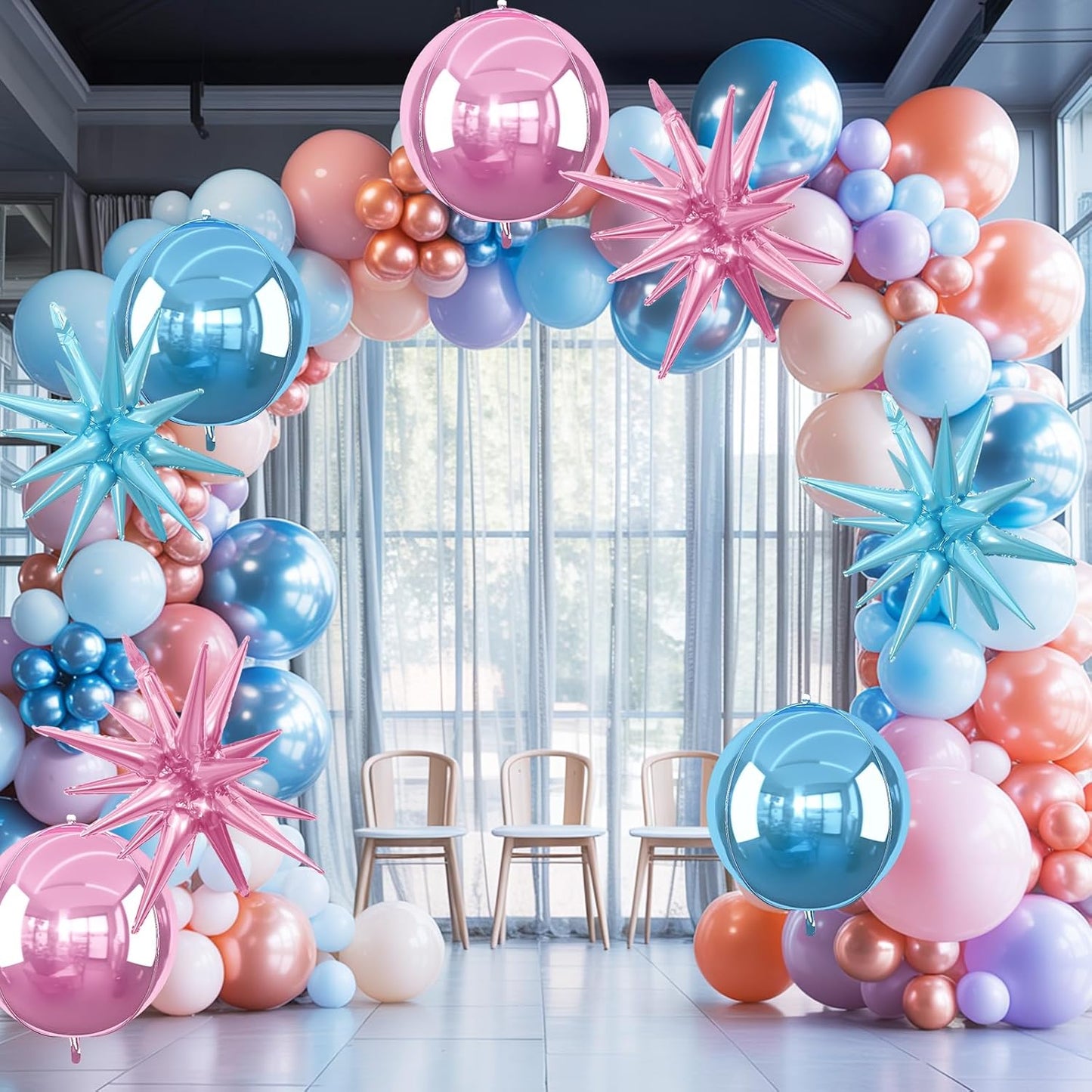 6Pcs Pink Blue Foil Balloons,22Inch Blue Pink 4D Round Ball Balloon and Explosion Star Balloon for Gender Reveal Birthday Wedding Baby Shower Anniversary Decorations
