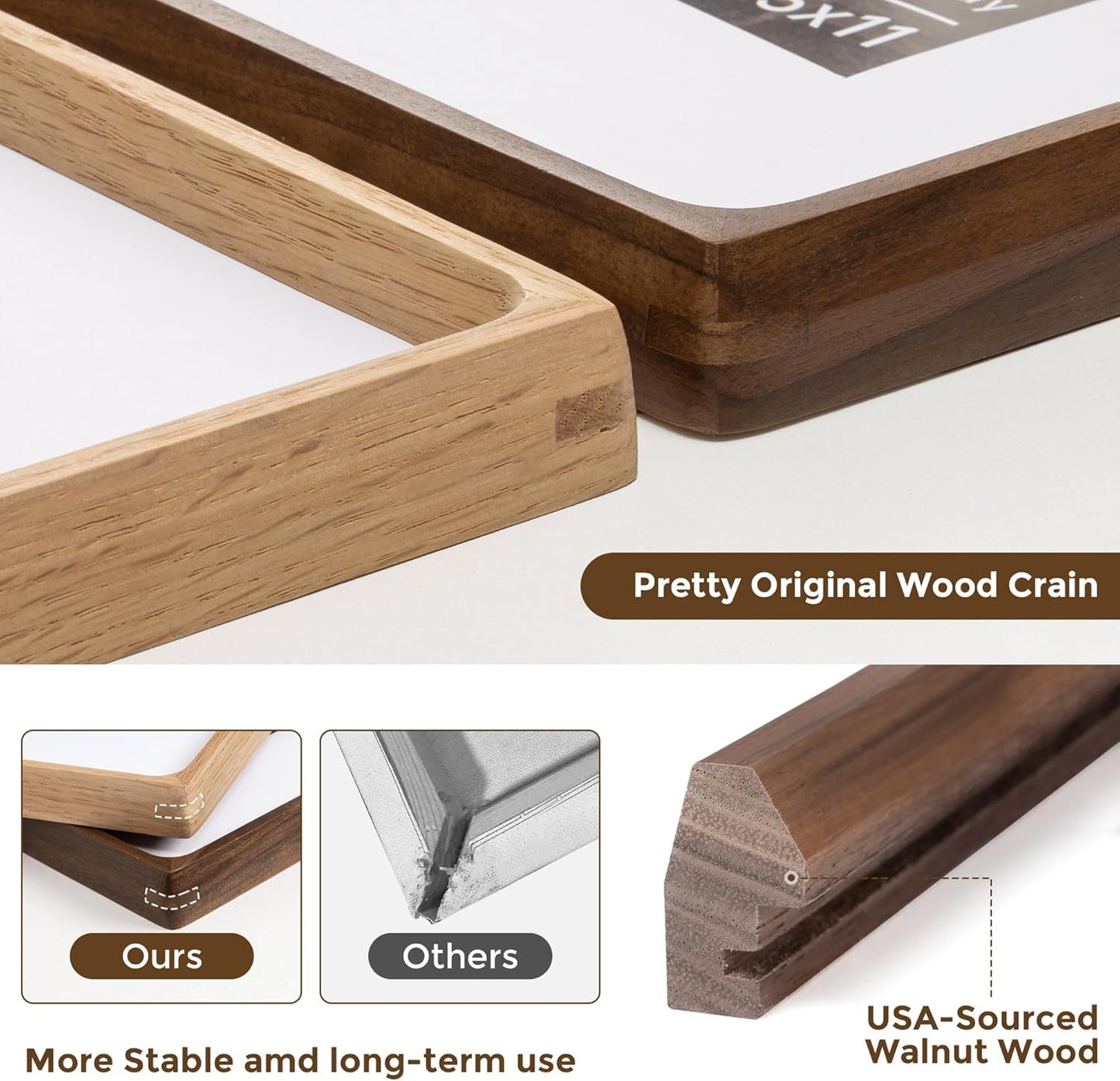 12x16 Frame USA-Sourced Natural Walnut Wood Solid Wood Photo Frame Handcrafted Rounded Corner with Mat to 8.5x11 Picture Frame Display with Real Glass Family Picture, Wedding Photo, Certificate