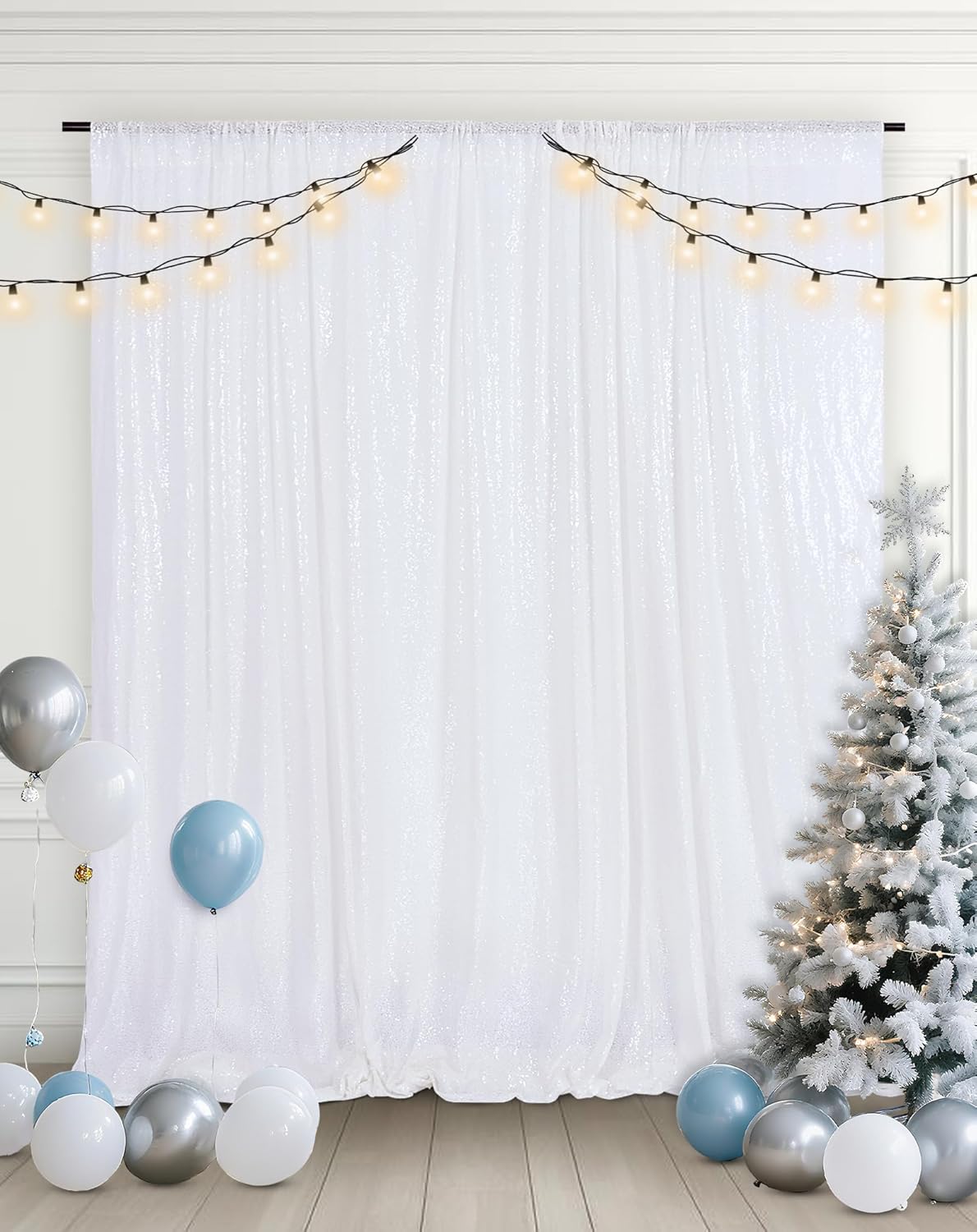 Eternal Beauty White Sequin Backdrop, 7x7 Ft Glitter Background Curtains for Christmas Shimmer Photography Party Wedding Birthday Back Drop Decor