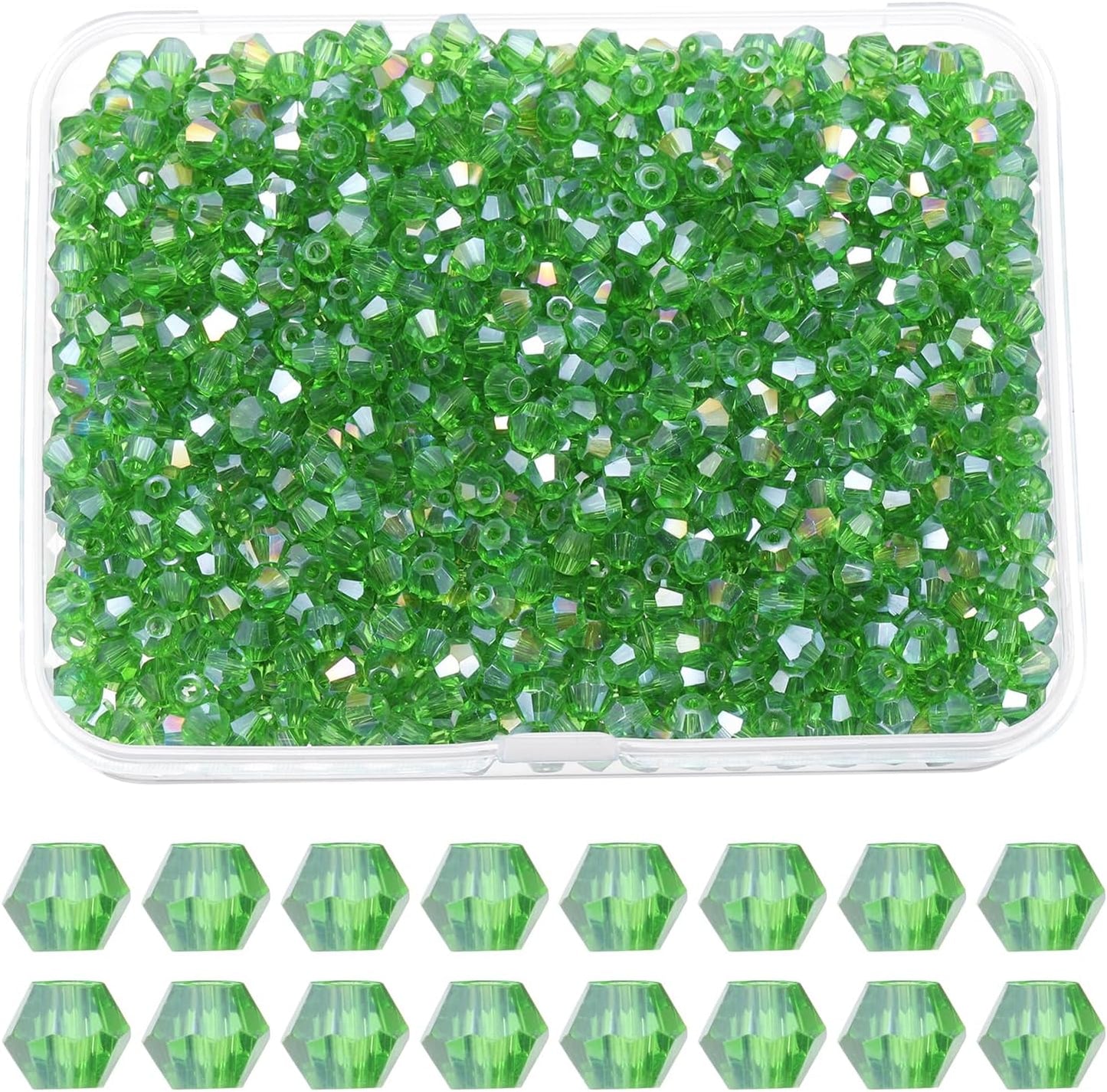 PATIKIL 1000pcs 3mm Bicone Glass Crystal Beads, Faceted Glass Spacer Beads with Box for Jewelry Making Bracelet Necklace Earrings DIY Suncatcher Craft, Grass Green AB