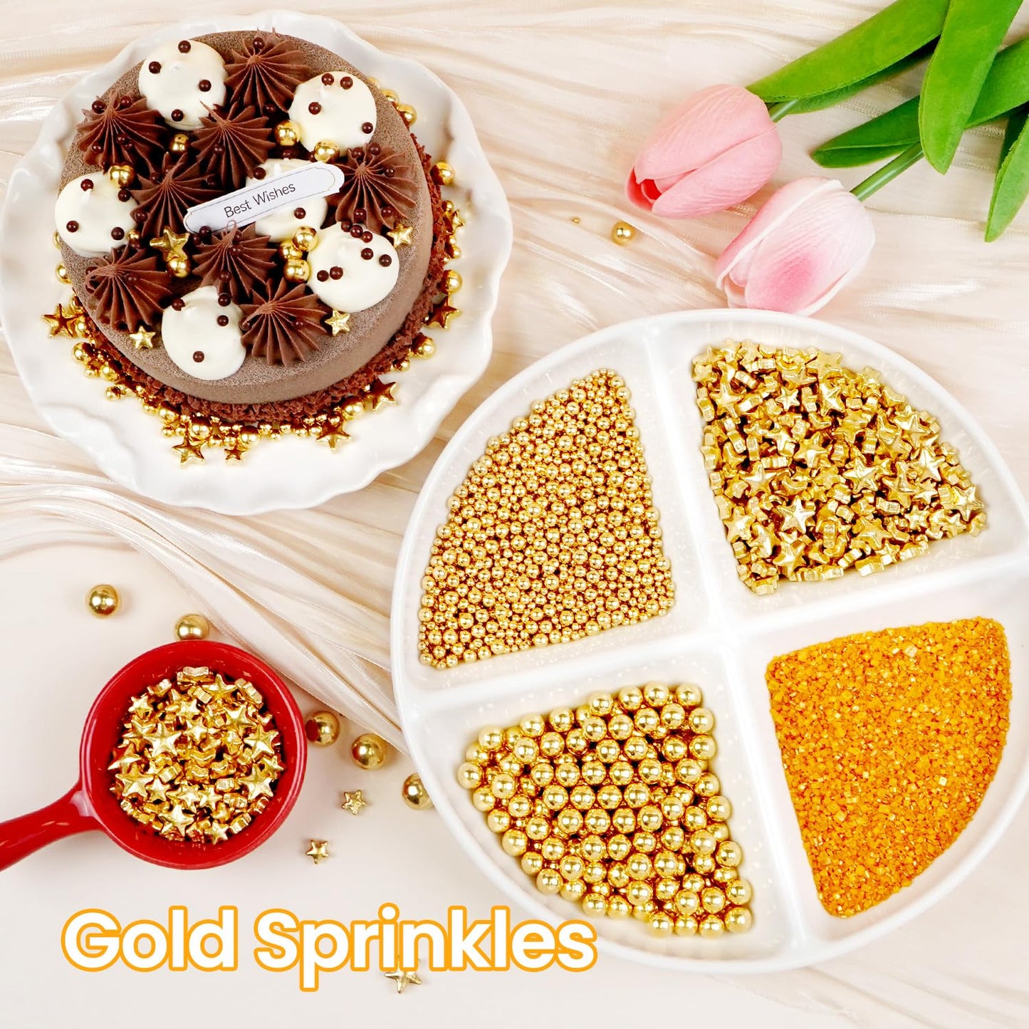 Edible Gold Pearl Sprinkles for Cake Decorating, Gold Sugar Sanding and Star Sprinkles for Cupcake, Cookie, Baking Cake Decorations, 160g/5.64oz, Holiday, Wedding Party, Christmas Supplies