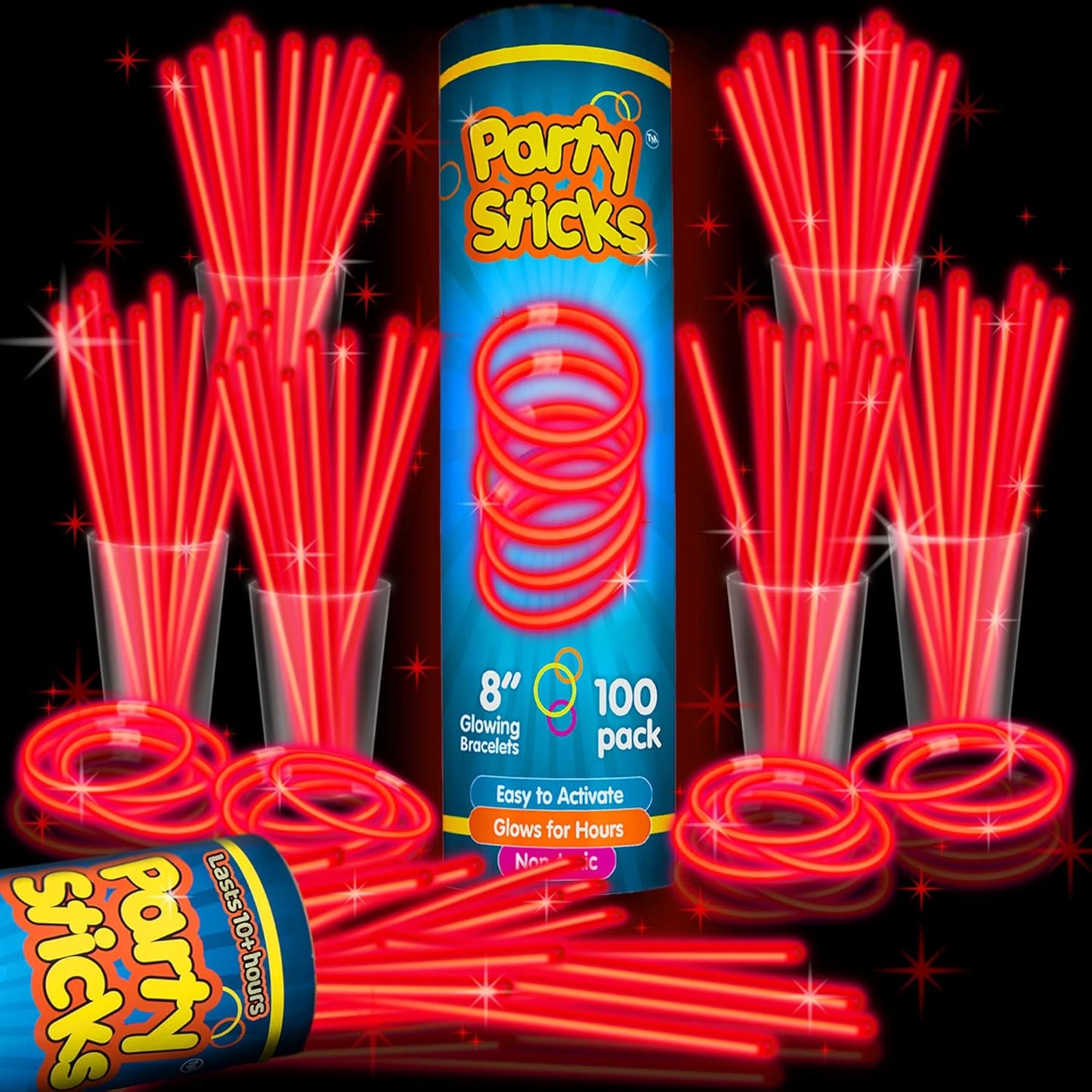 PartySticks Red Glow Sticks - 100pk, 8 Inch Glow in The Dark Light Up Sticks - Party Favors, Decorations, Necklaces and Bracelets with Connectors