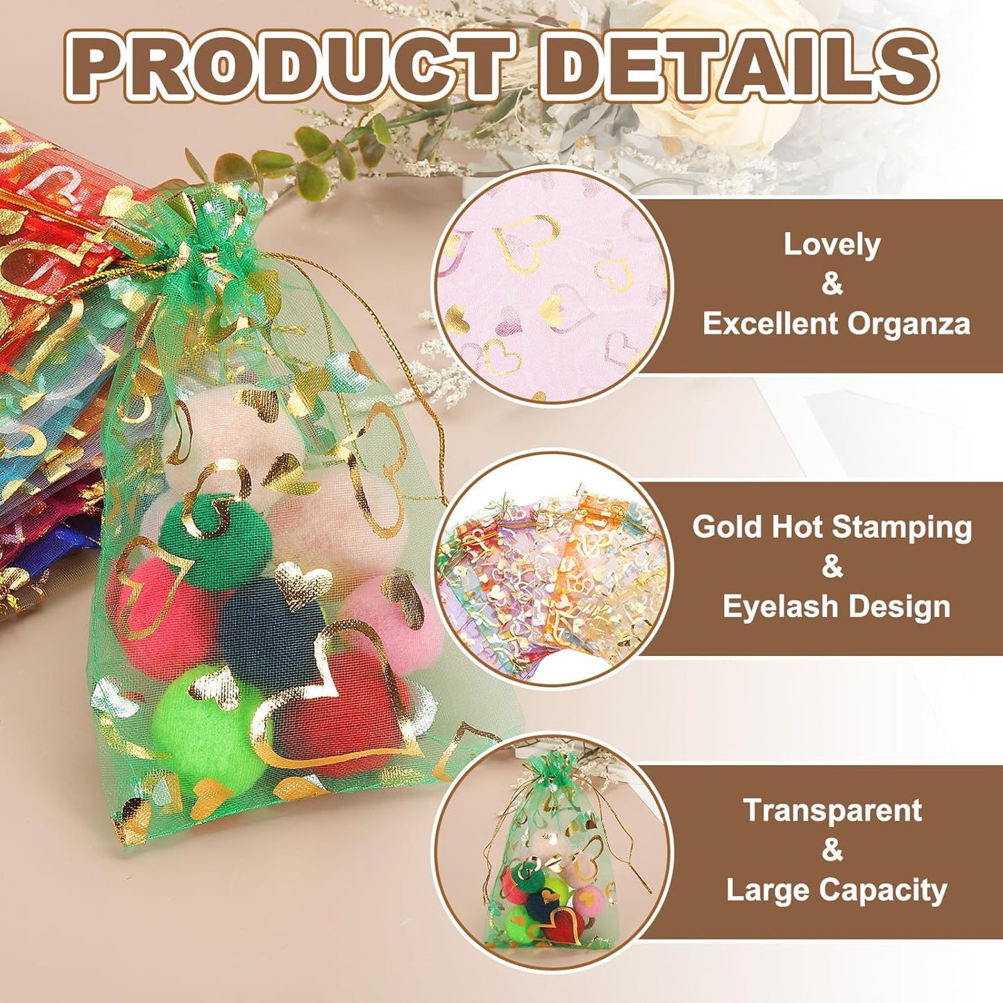 PATIKIL 100 Pcs 4x6 Inch Heart Printed Organza Bags, Rose Red Sheer Heart Organza Bags with Drawstring for Christmas Candy Jewelry Party Wedding Favor Gift