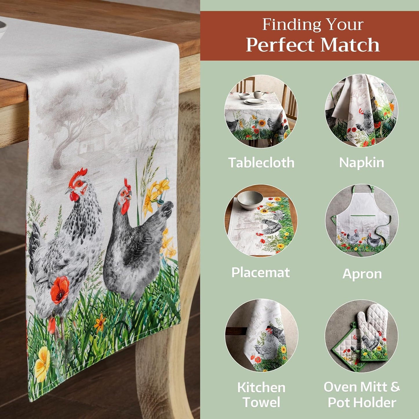 Maison d' Hermine Table Runner 100% Cotton Double Layer Table Runners 108 inches Long Decorative for Home Kitchen Dining Party Wedding Bridal Shower Spring Summer (Basse Cour, 14.50" x 108")