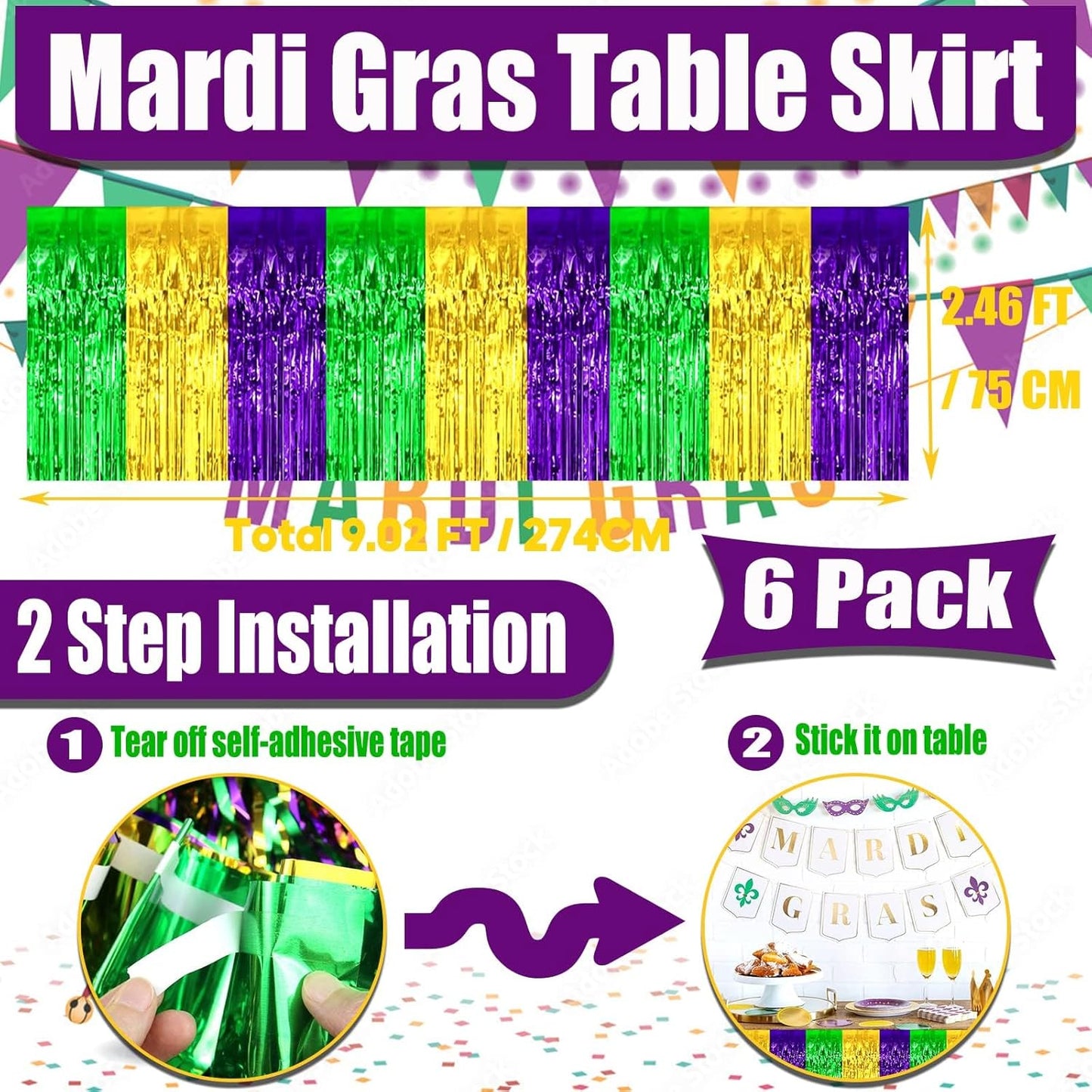 6 Pack 29x108 Inch Mardi Gras Metallic Foil Fringe Tinsel Table Skirts for Rectangle Tables Streamer Backdrop for Wedding, Birthday, Parade Floats, Carnival Party Decoration Gold Green Purple