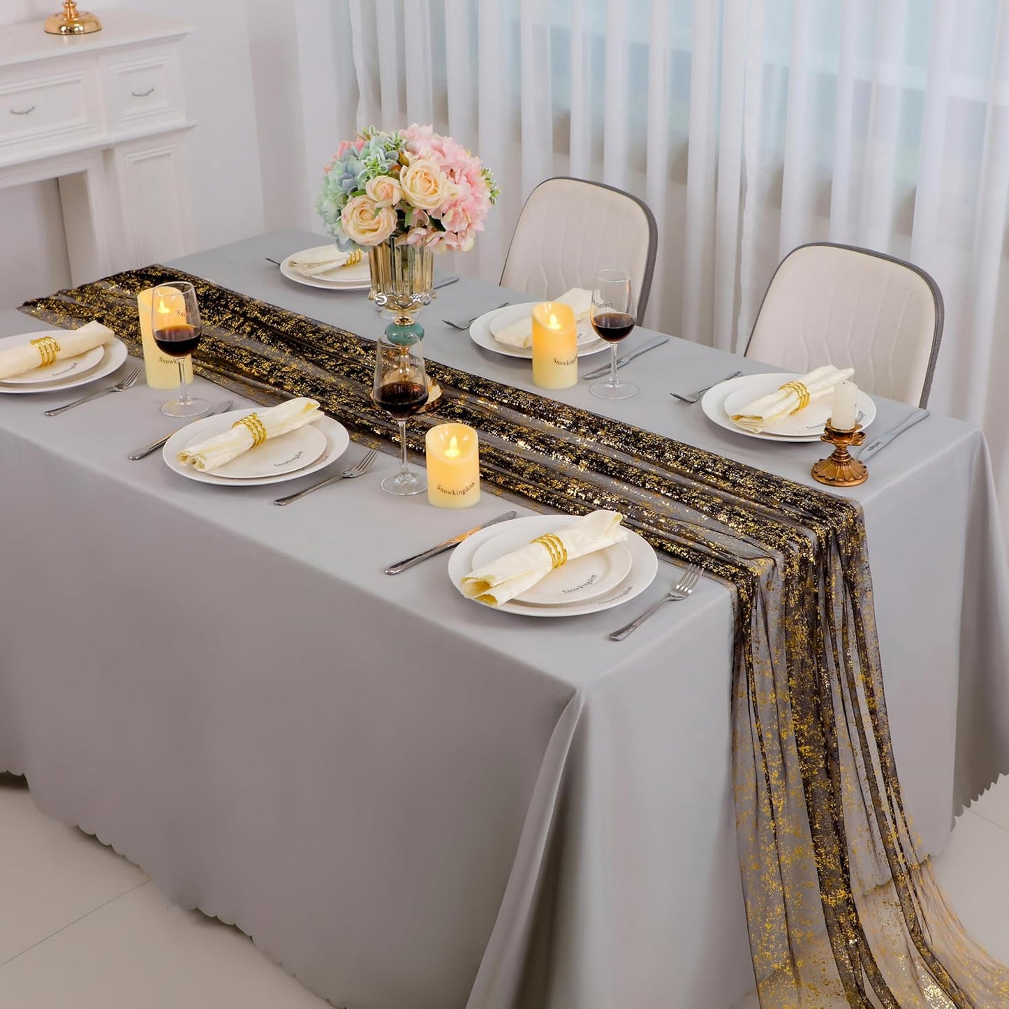 Snowkingdom Black and Gold Cheesecloth Table Runner 10 FT, Sheer Chiffon Sparkle Gauze Mesh Runners 120 Inch, Glitter Table Centerpieces Decoration for Birthday Party Wedding Christmas Halloween