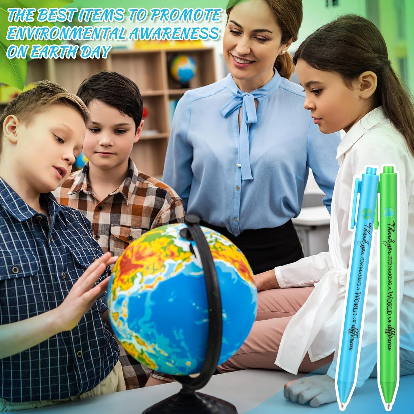 24 Pcs Earth Day Pens Bulk Party Favors Novelty Cute Green Blue Retractable Ballpoint Pen Earth Day Gift for Desk Decoration Accessories Stationery Office, 2 Styles