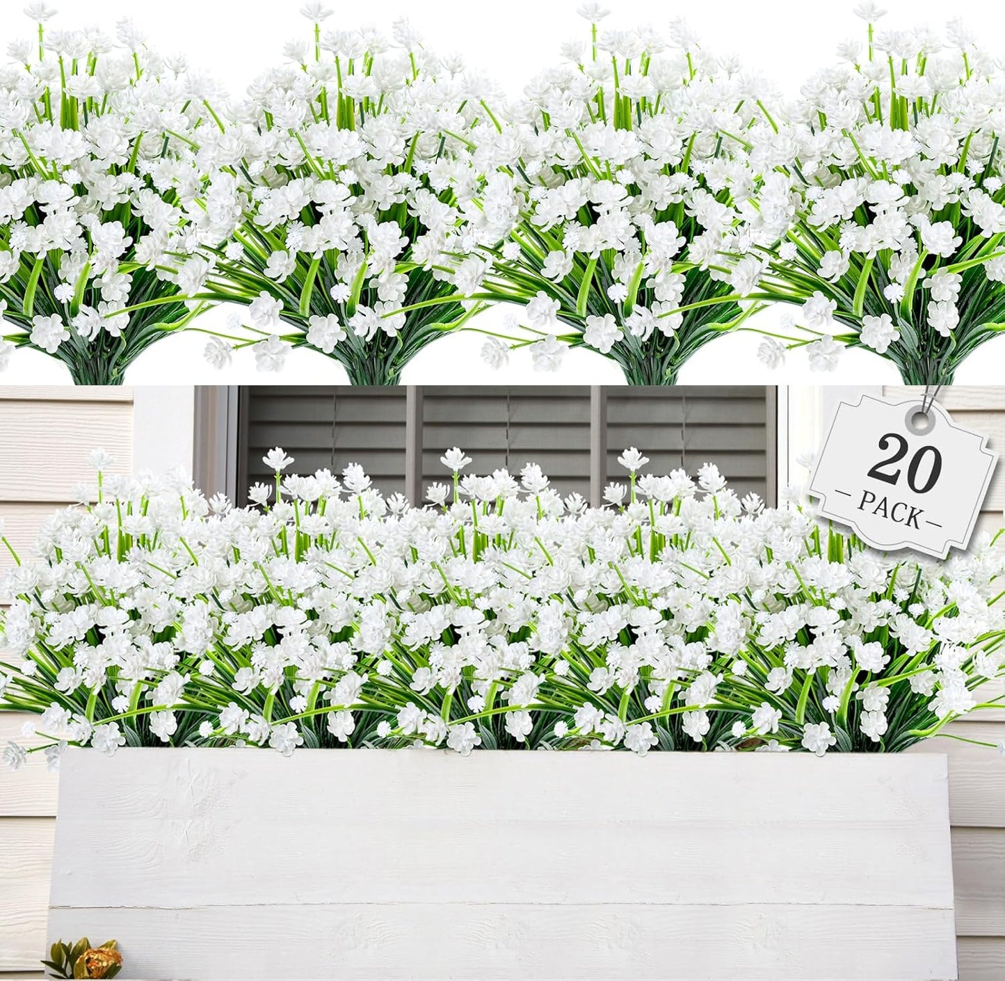 AmyHomie 20 Bundles Artificial Flowers for Outdoor Outside Spring Summer Decoration UV Resistant Faux Flowers No Fade Fake Plastic Plants Garden Porch Window Box Decorating (Pure White)