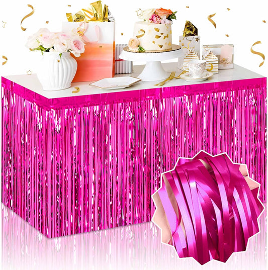 3 Pack 29 x108 Inch Fuchsia Foil Fringe Table Skirts Metallic Banner for Tinsel Streamer Garland Backdrop for Parade Floats Mother's Day, Graduate, Birthday, Wedding Party Decoration
