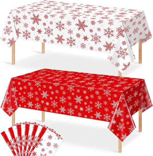 12 Pieces Christmas Snowflake Plastic Party Tablecloth Decorations,54x108 inch Disposable White Red Rectangle Snowflake Xmas Table Cover Backdrop for Winter Christmas Holiday New Year Party Supplies