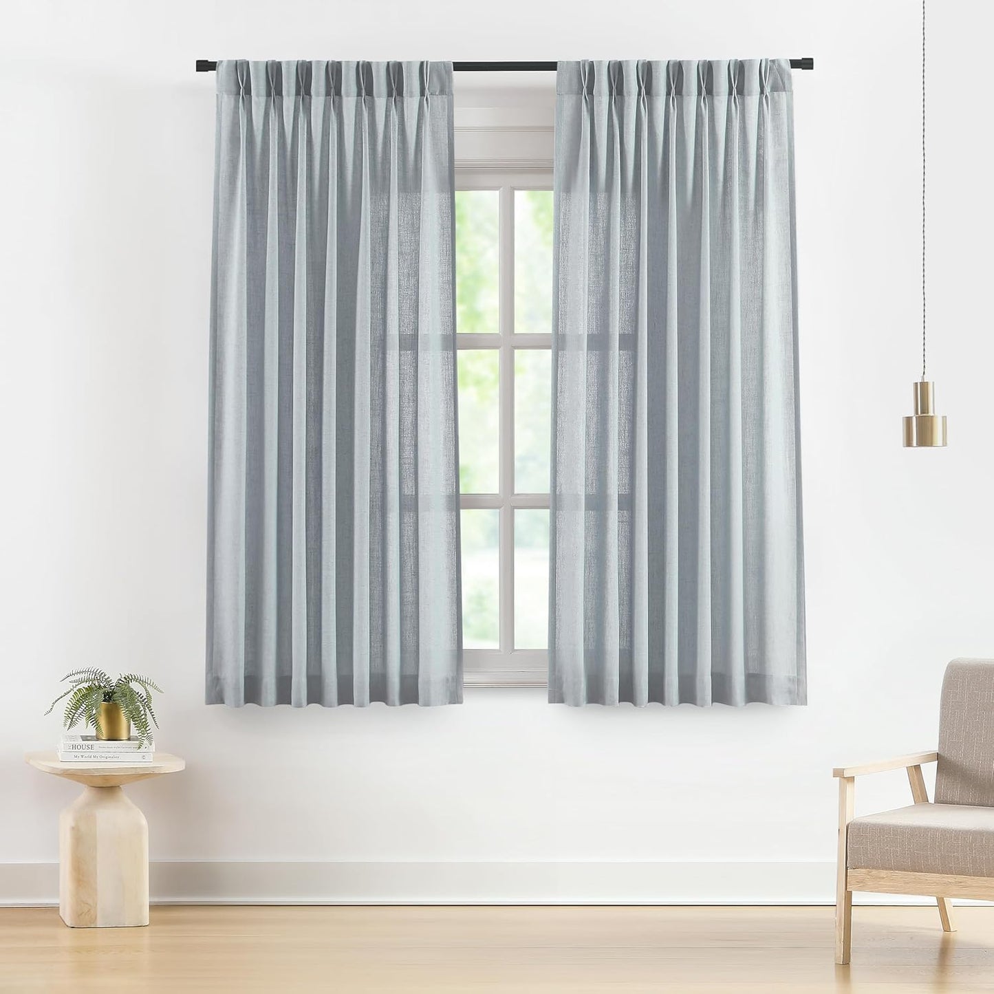 Vision Home Blue Fog Pinch Pleated Semi Sheer Curtains Textured Linen Blended Light Filtering Window Curtains 72 inch for Living Room Bedroom Pinch Pleat Drapes with Hooks 2 Panels 40" Wx72 L