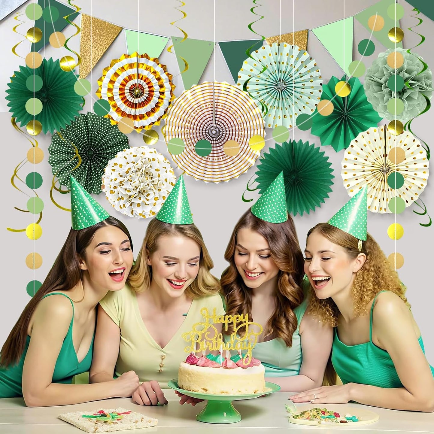 Paper Fans Party Decorations Glitter Green Gold Paper Triangle Flag Banner Tassel Garland Circle Banners Party Supplies for Bachelorette, Birthday, Bridal Shower Birthday Wedding Bachelorette