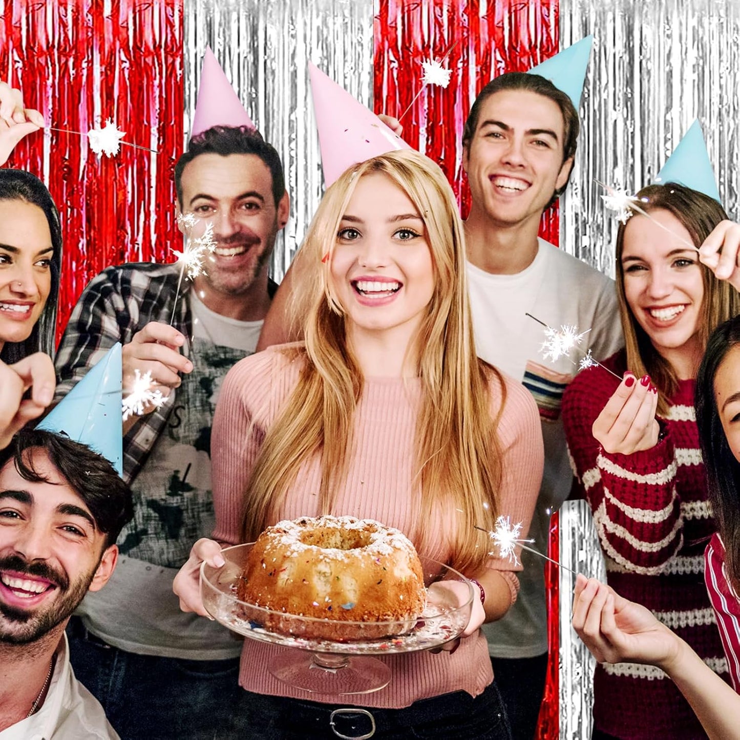 3 Pack Red Silver Foil Fringe Curtain Backdrop, 3.28Ft x 8.2Ft Metallic Tinsel Foil Fringe Streamer Curtains for Photo Booth, Christmas Day, Thanksgiving, Wedding, New Year Party Decorations