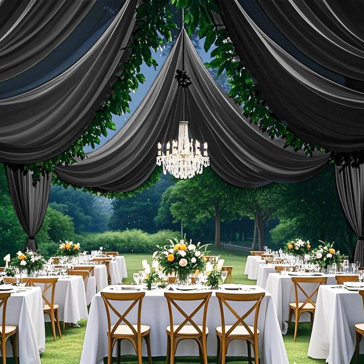 FUHSY Ceiling Drapes Black Wedding Arch Draping Sheer Backdrop Curtains for Parties 4 Panels 5x20 FT Chiffon Fabric for Drapey Tulle Curtains Tent Ceiling Fabric Draping Fabrics Decorations