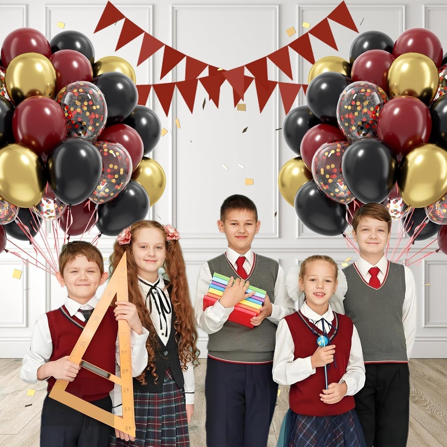 60pcs 12inch Black Burgundy and Gold Balloons, with Gold Red Black Confetti Balloons for Maroon Themed Birthday Baby Shower Graduation Party Decorations